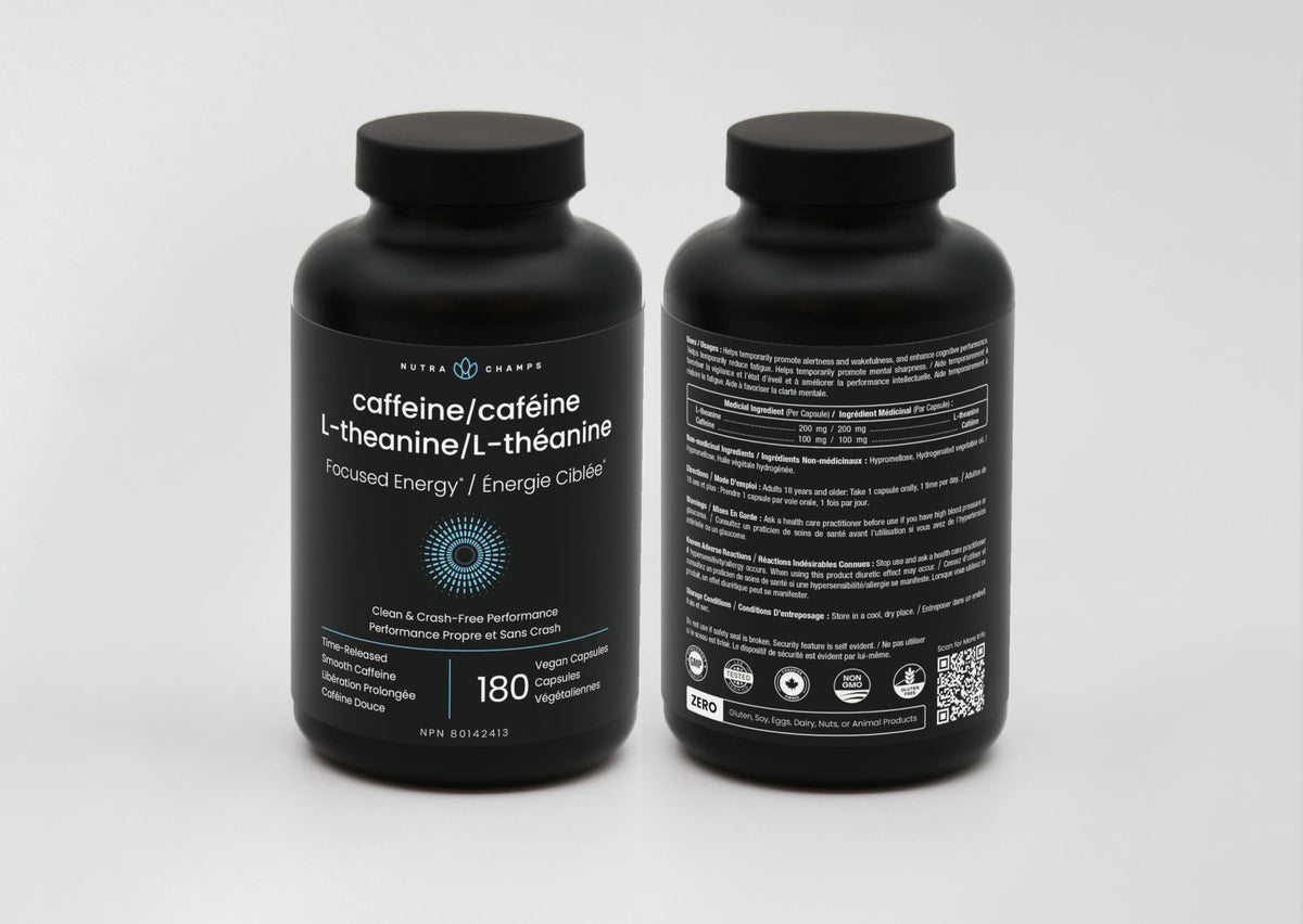 Caffeine Pills with L-Theanine - 180 Energy Pills for Women & Men - Clean & Long-Lasting Focused Energy - Sustained Release 100mg Caffeine + 200mg L Theanine - No Crash Capsules, Vegan Supplement 🍁 All In One Marketplace Canada