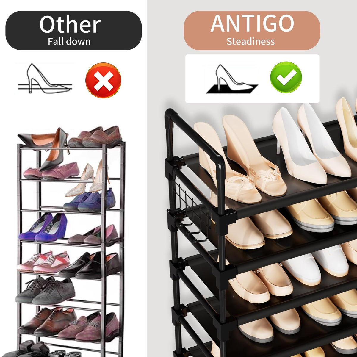 10 Tier Shoe Rack, Large Capacity Tall Shoe Storage Organizer Holds 50-55 Pairs Shoes and Boots, Vertical Shoe Shelf Cabinet with Versatile Hooks for Closet Entryway Garage Bedroom 🍁 All In One Marketplace Canada