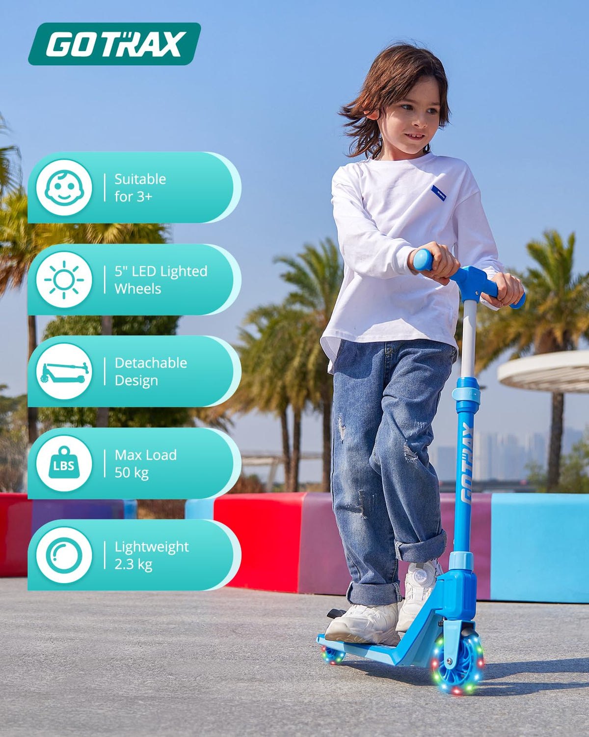 Gotrax K03 Kick Scooter for Kids, 5" LED Lighted Wheels and Adjustable Handlebars, Lightweight Design and Anti-Slip Deck, Max Load 110 Lbs, Kids Scooter for Boys & Girls Ages 3+, Blue 🍁 All In One Marketplace Canada