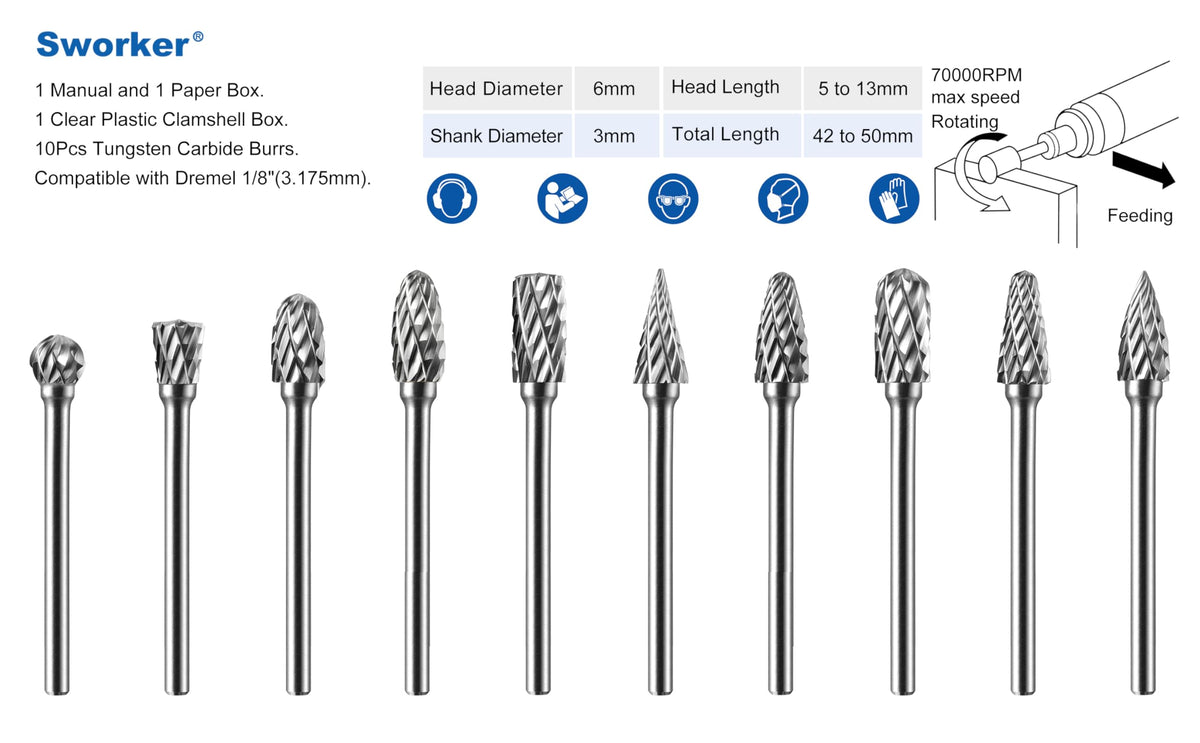 Sworker 10Pcs 1/8" Shank Carbide Burrs Set Bits Compatible with Dremel Metal Grinding Wood Stone Carving Cutting Engraving Grinder Kit Attachment Rotary Tool Accessories 🍁 All In One Marketplace Canada