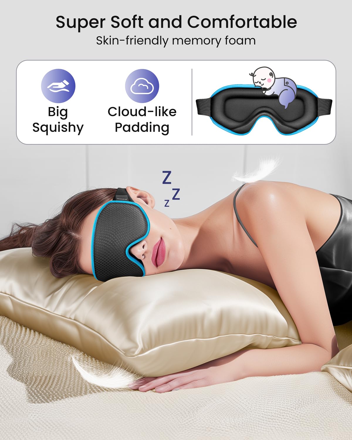 WAOAW Sleep Mask Blackout, Eye Mask for Sleeping - 3D Breathable Soft Comfortable， Adjustable Light Blocking Night Sleeping Mask（Blue） 🍁 All In One Marketplace Canada