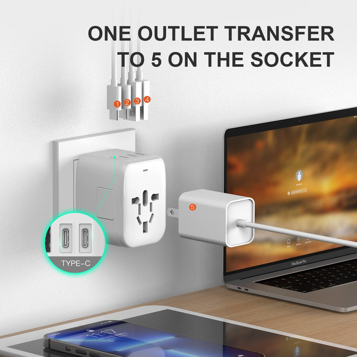 VYLEE Universal International Power Travel Plug Adapter, 5 in 1 European Travel Plug Adapter W/ 3.5A 2xUSB-A and 2xUSB C Wall Charger and Worldwide AC Outlet for Europe USA UK AUS Asia (White) 🍁 All In One Marketplace Canada