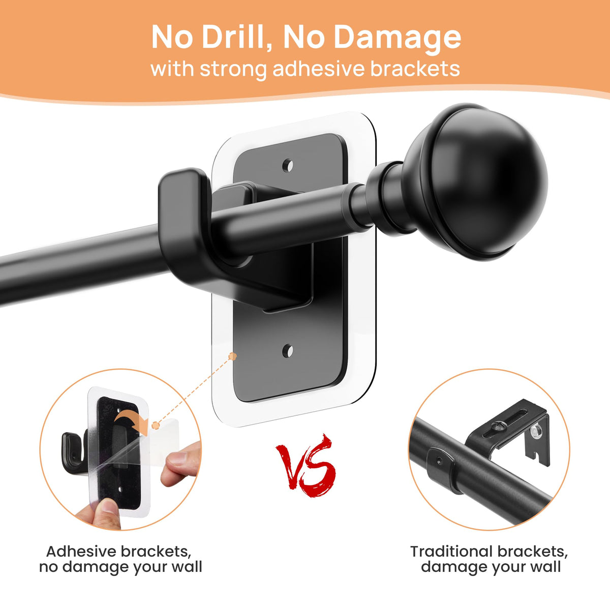 upsimples No Drill Curtain Rods for Window 48 to 84 Inches, 5/8 Inch Diameter Renter Friendly Drapery Rod with Adhesive Brackets without Drilling, Adjustable from 27 to 90 Inches, Black 🍁 All In One Marketplace Canada