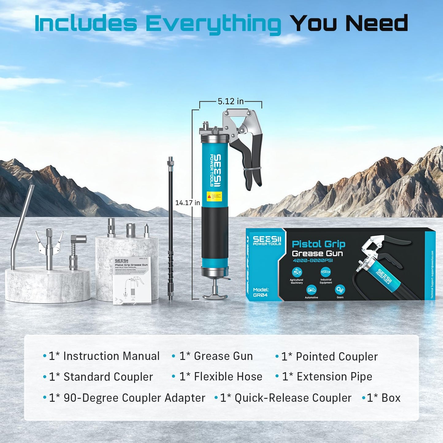Seesii 8000PSI Grease Gun Kit: Heavy Duty Pistol Grip Grease Gun with 14oz Capacity, Quick-Release Coupler, 90° Adapter, Flexible Hose, Rigid Pipe for Automotive, Agricultural, Industrial, Farm, Car 🍁 All In One Marketplace Canada