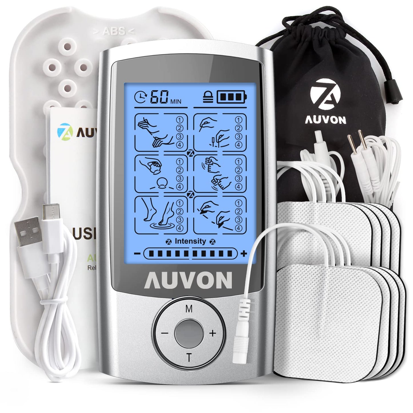 AUVON Rechargeable TENS Machine, 24 Modes 4th Gen TENS Unit Muscle Stimulator with 8pcs 2"x2" Premium Electrode Pads for Pain Relief, Back Pain, Neck Pain, Muscle Pain 🍁 All In One Marketplace Canada