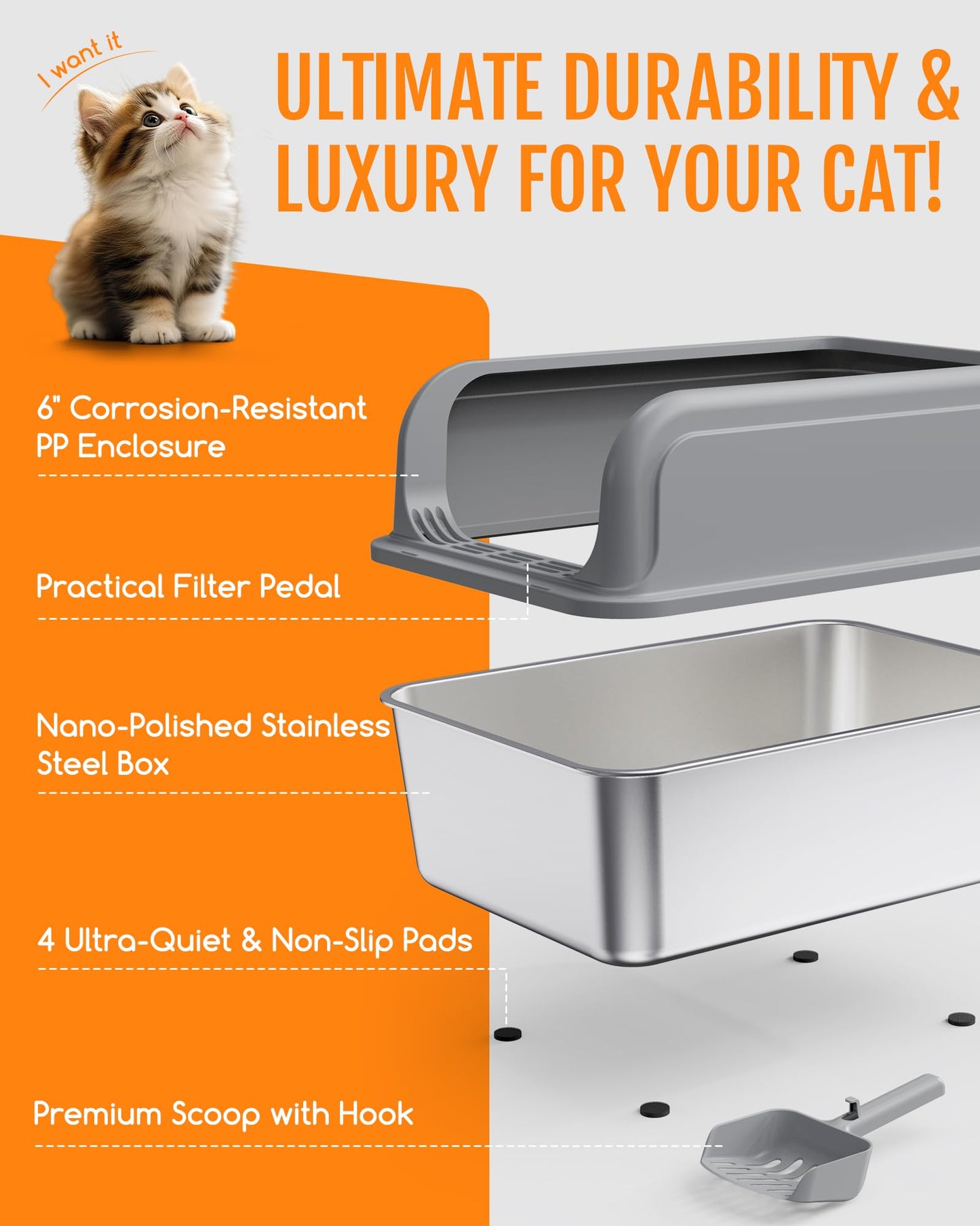 Powools Stainless Steel Cat Litter Box for Kittens, Metal Kitty Litter Box with Scoop, Anti-Leakage Top Entry, Non-Sticky, Easy to Clean, Grey, M (1 Pack) 🍁 All In One Marketplace Canada