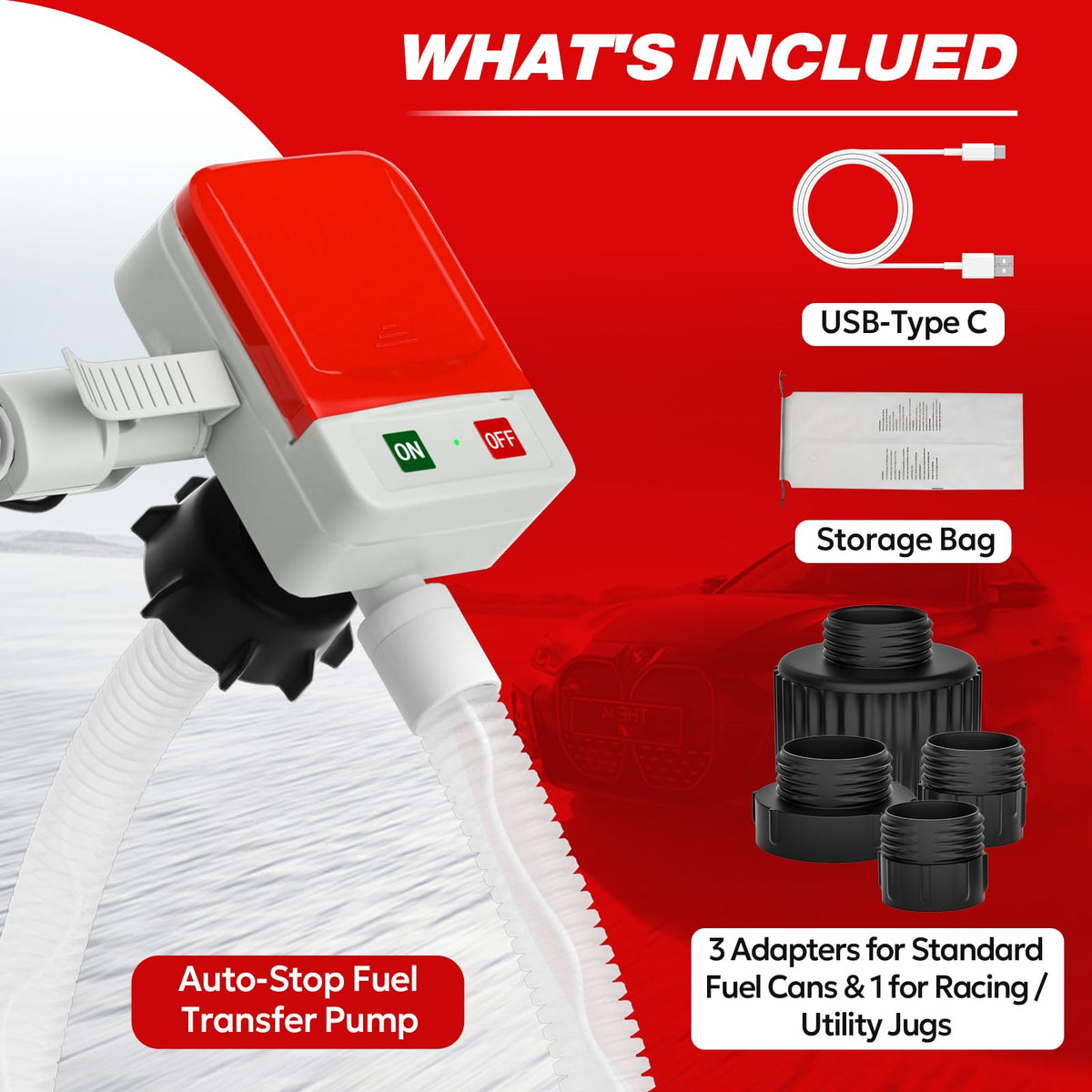 2026 Upgraded Electric Fuel Transfer Pump with Auto-Stop, 3.2 Gallon per Min, USB & Battery Powered, 51" Hose, 4 Gas & Jerry Can Adapters, Leak-Proof Gas Pump for Gasoline, Diesel and Kerosene 🍁 All In One Marketplace Canada