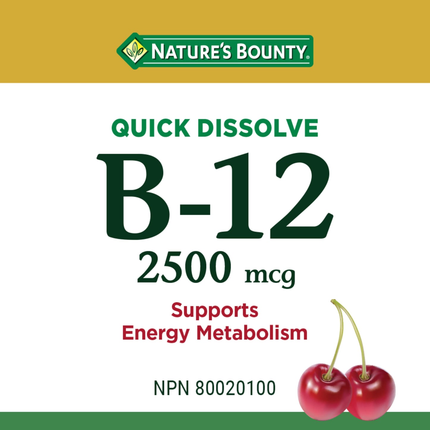 NATURE'S BOUNTY Vitamin B-12 Supplement, 2500 mcg, Quick Dissolve Tablets, Natural Cherry Flavour, Helps In Energy Metabolism, Essential In Normal Formation Of Blood Cells, 120 Tablets, 42 g 🍁 All In One Marketplace Canada