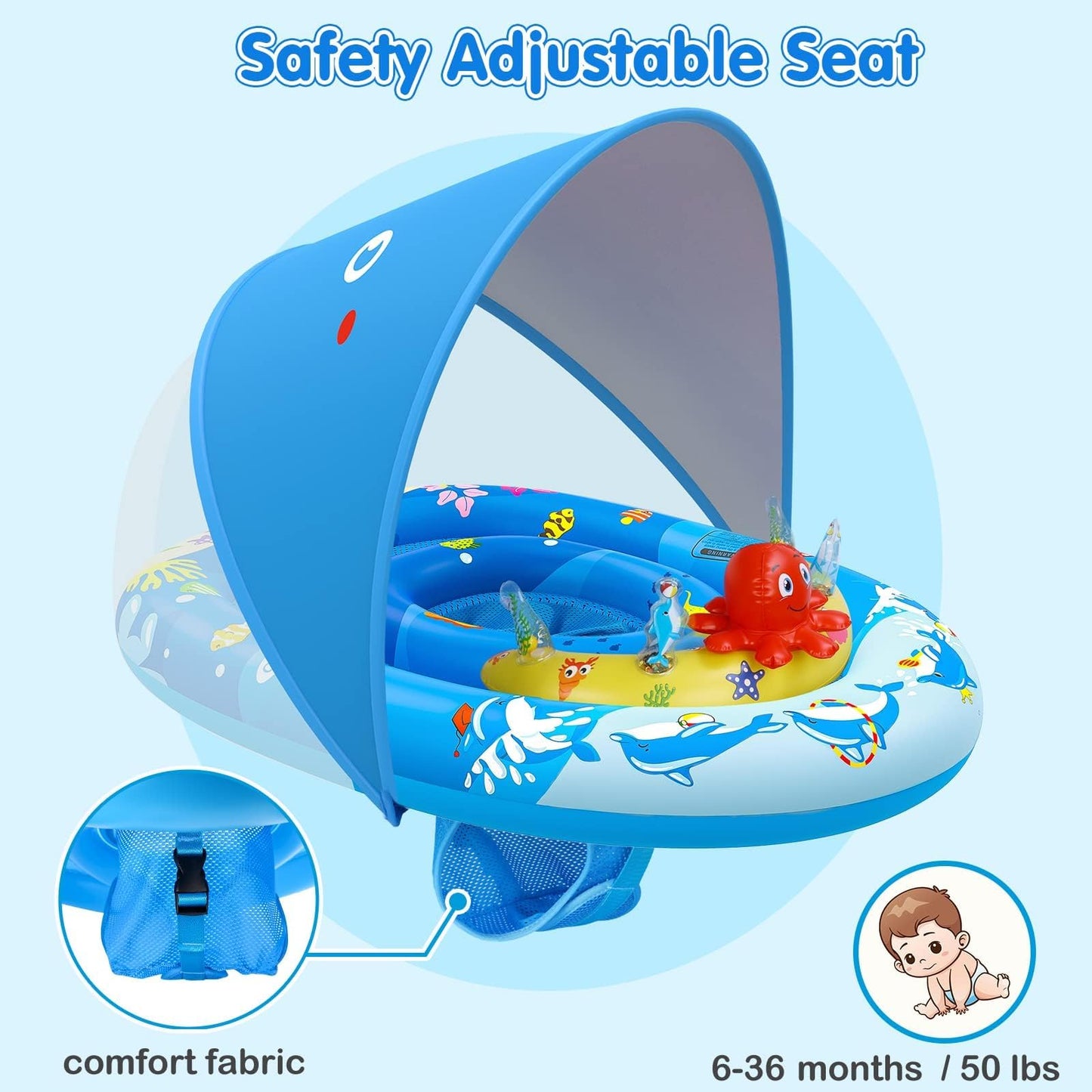 EZIGO Baby Pool Float with Canopy UPF50+ Sun Protection, Inflatable Kids Pool Float with Ocean Animal Toys for Babies 6-36 Months, Infant Swimming Float with Adjustable Safety Seat for Boys Girls 🍁 All In One Marketplace Canada