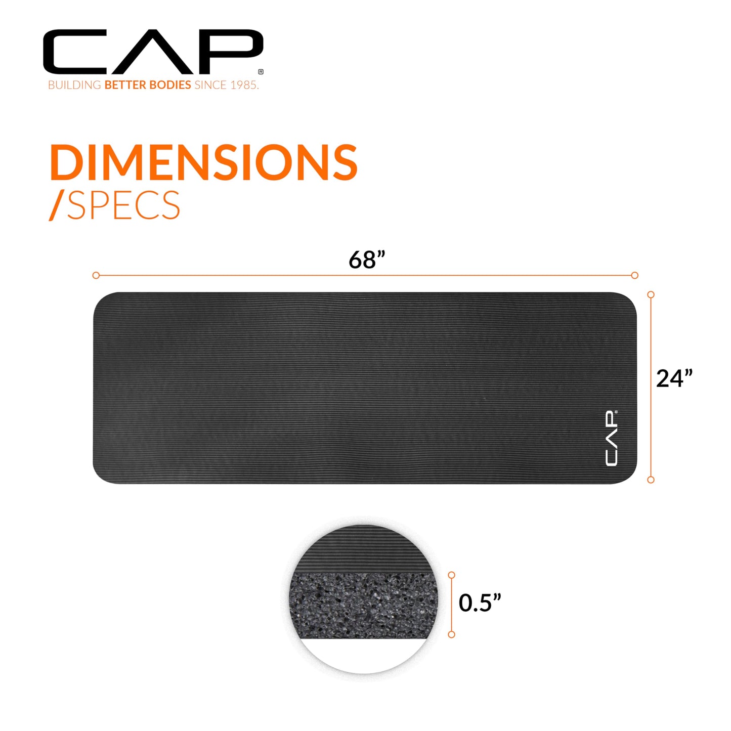 CAP Barbell Yoga Mat 1/2" Thick with Carrying Strap - High Density Exercise Mat for Yoga, Pilates, Stretching, Floor & Fitness Workouts - 68''x24''x1/2" | Black 🍁 All In One Marketplace Canada