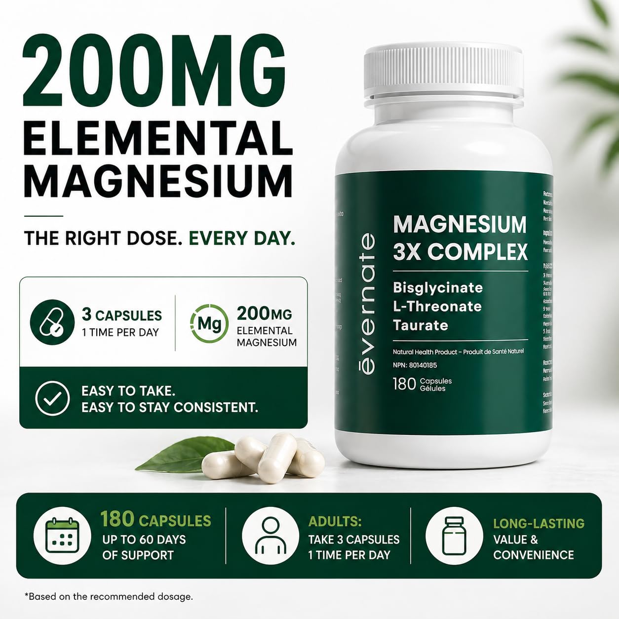 ALL-IN-ONE Magnesium Complex – Magnesium Glycinate (Bisglycinate) Chelated, L-Threonate & Taurate (200mg Elemental per Daily Dose) – Sleep, Stress, Muscle & Heart Support – High Absorption Magnesium Supplement – 180 Vegan Capsules – Made in Canada