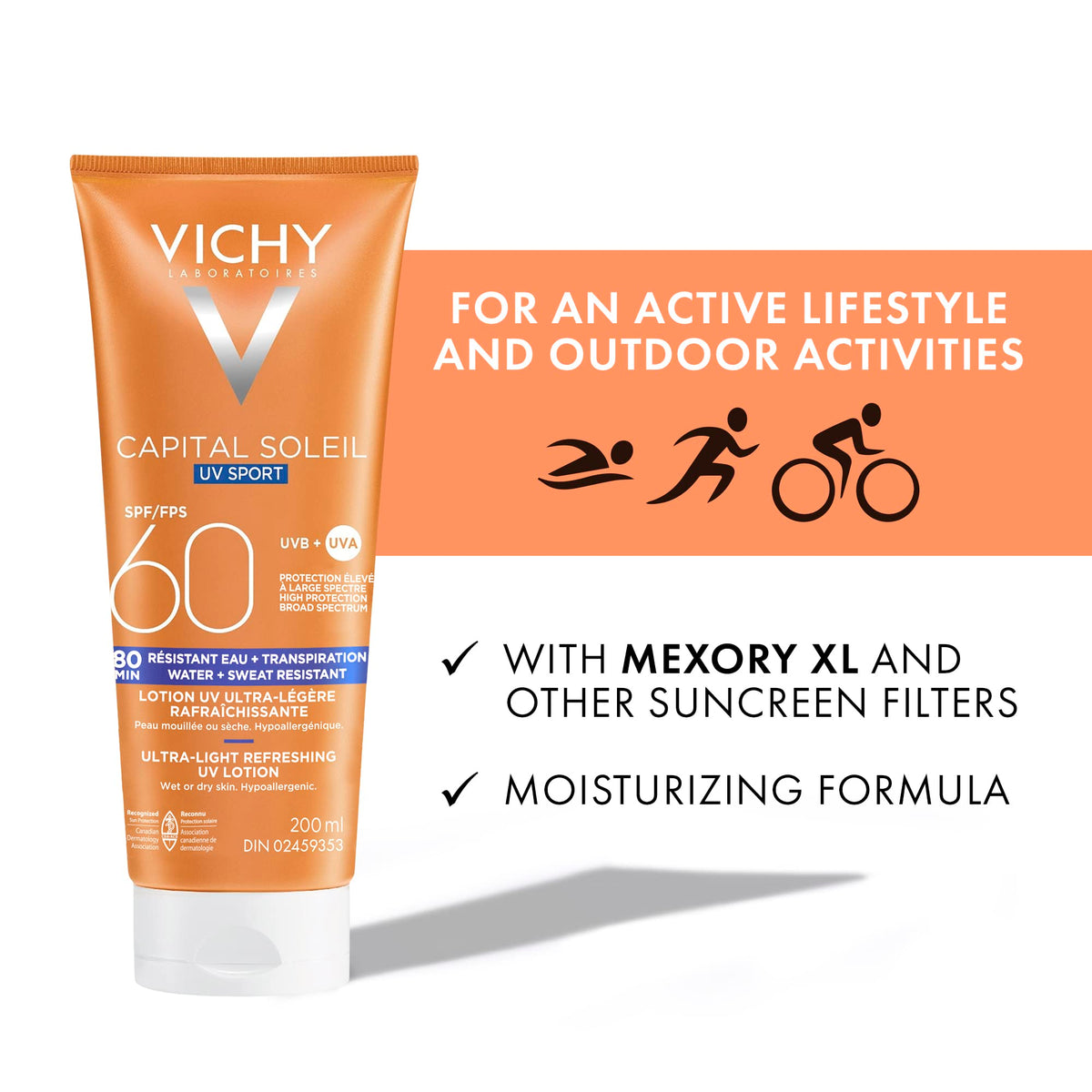 Vichy Water Resistant Sport Sunscreen, Ideal Soleil Sport SPF 60 Ultra Light Sunscreen Lotion for Face and Body, with Broad Spectrum SPF 60 and Mexoryl, 200mL 🍁 All In One Marketplace Canada