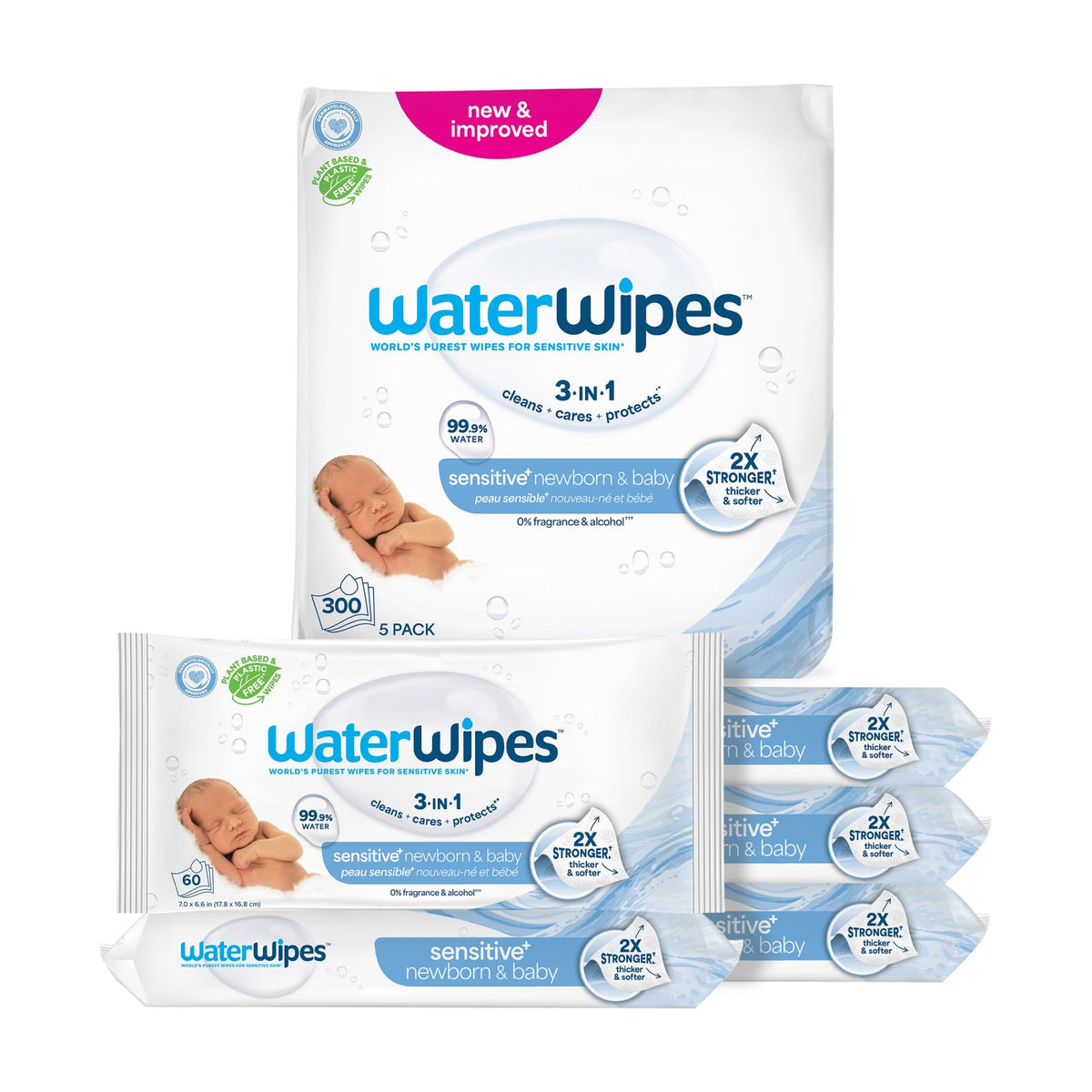 WaterWipes Sensitive+ Newborn & Baby Wipes, 3-In-1 Cleans, Cares, Protects, 99.9% Water, Unscented & Hypoallergenic, 300 Count (5 Packs) 🍁 All In One Marketplace Canada