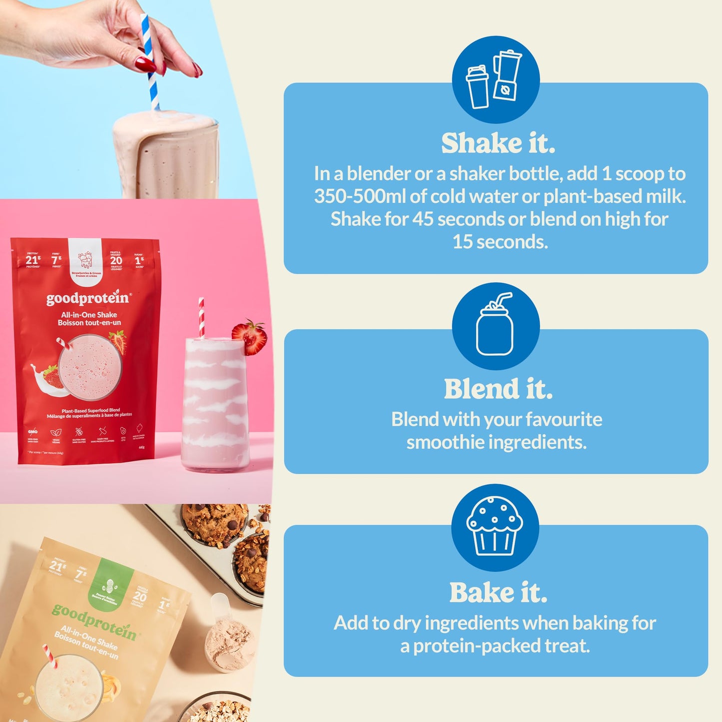 Good Protein Vegan Plant-based Protein Powder 100% Natural, Non-GMO, Dairy-free, Gluten-free, Soy-free, No Added Sugar and Nothing Artificial. Salted Caramel All-in-One Shake 440 grams 🍁 All In One Marketplace Canada