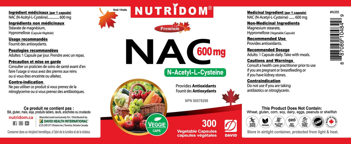 Nutridom NAC 600 mg, 300 Capsules, Canadian-Made N-Acetyl-L-Cysteine Supplement, Non-GMO, Vegan, Gluten Free, Made in Canada 🍁 All In One Marketplace Canada