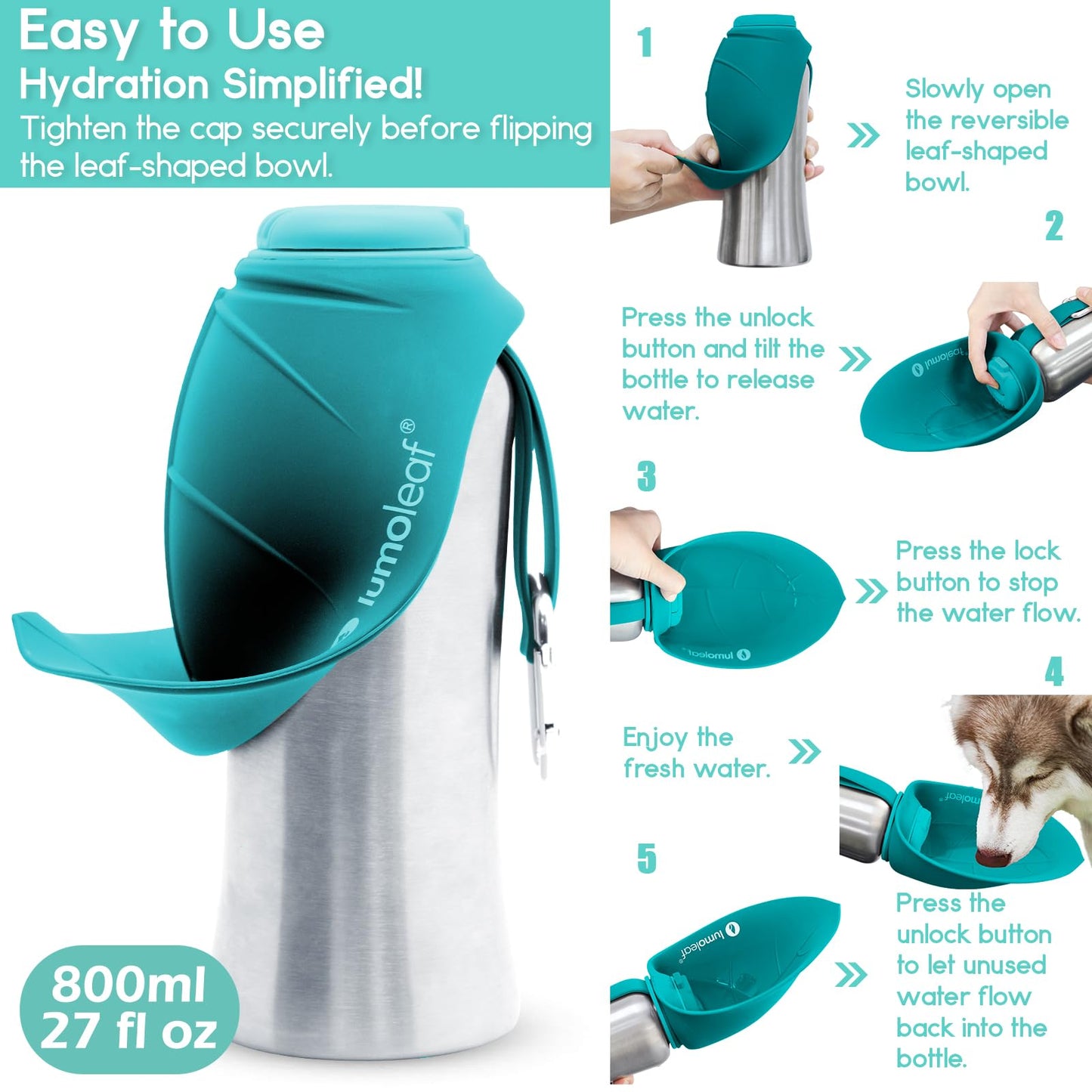 LumoLeaf Portable Dog Water Bottle 800 ml, Stainless Steel Pet Travel Water Bottle Dispenser for Walking, Hiking and Outdoor, Portable Water Bowl for Large Dogs (Blue) 🍁 All In One Marketplace Canada