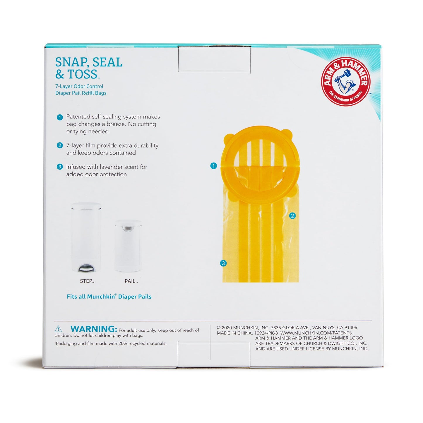 Munchkin Arm & Hammer Diaper Pail Snap, Seal and Toss Refill Bags, 20 Bags, Holds 600 Diapers 🍁 All In One Marketplace Canada