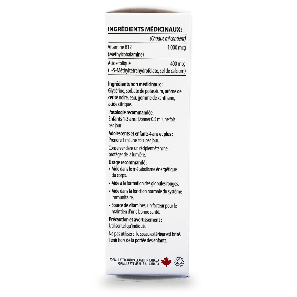 GNA Naturals Kids Vitamin B12 with Folate Supplement, 60ml - VitaminB12 Methylcobalamin 1000 mcg - Liquid Drops for Kids - Cherry Flavour- Methyl B12 Folate Supplement - Vitamin-B12-Complex – Vegan – For energy, metabolism and supports memory– Made in Can