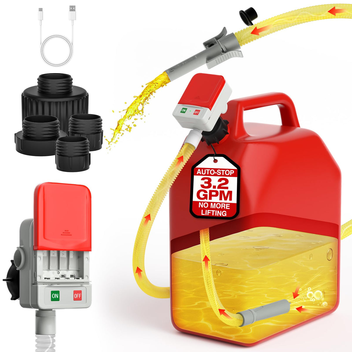 KEIMI Portable Fuel Transfer Pump with Auto-Stop, 3.2 Gallon per Min, 51" Extra Long Hose, Battery & USB Powered, 4 Can Adapters, Leak-proof Gas Pump for Oil, Diesel and Gasoline 🍁 All In One Marketplace Canada