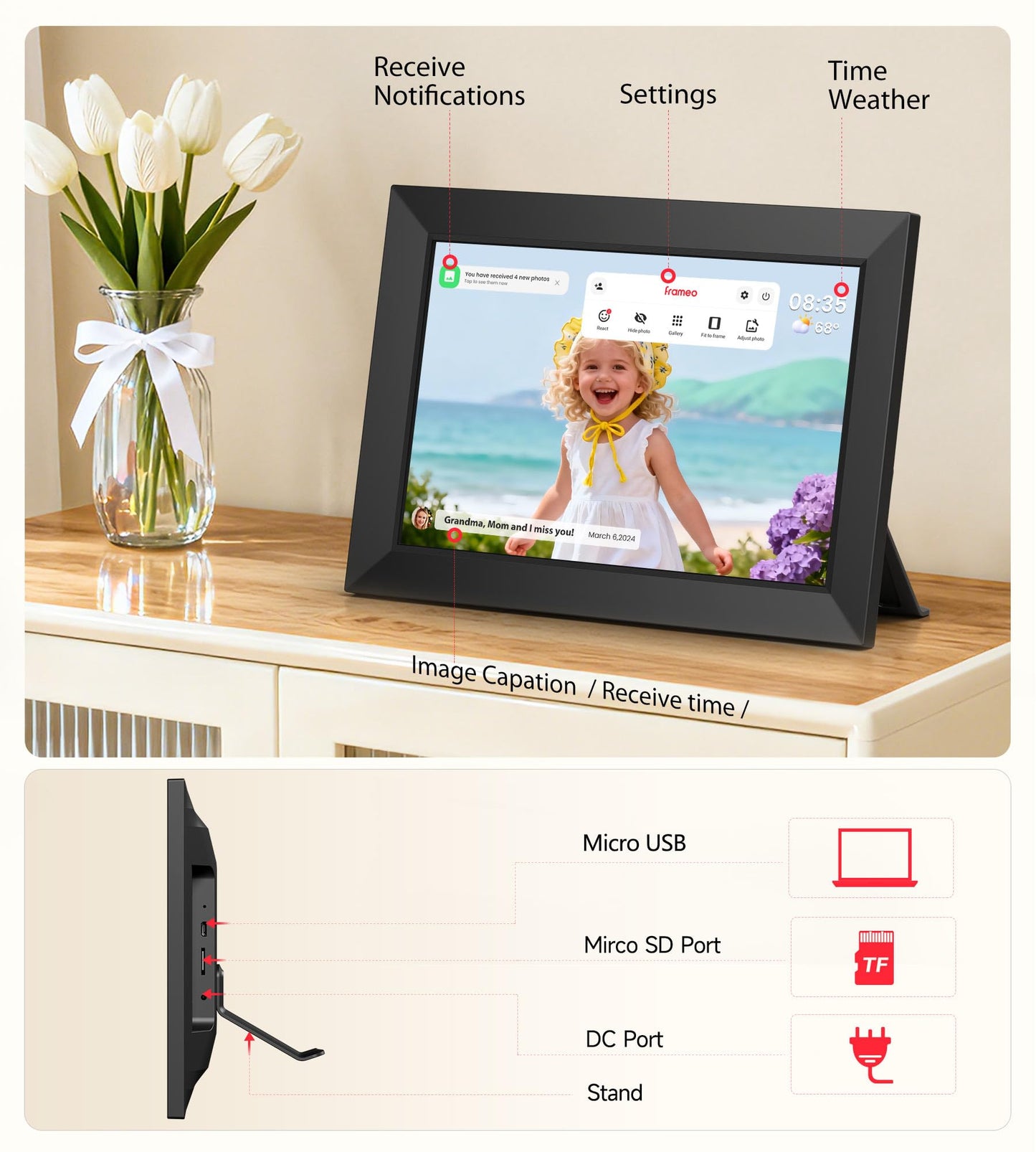 Frameo 10.1 Inch WiFi Digital Picture Frame, 1280x800 HD IPS Touch Screen Photo Frame Electronic, 32GB Memory, Auto-Rotate, Wall Mountable, Share Photos/Videos Instantly via Frameo App from Anywhere 🍁 All In One Marketplace Canada