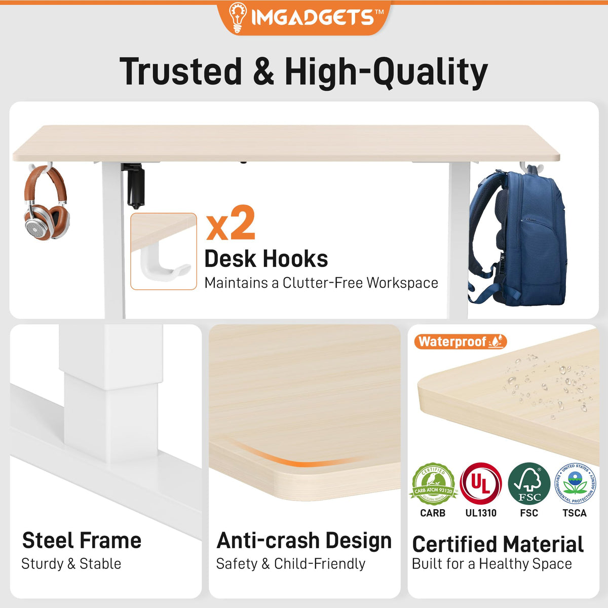 IMGadgets Electric Standing Desk, 47x24 Inches Height Adjustable, 2026 6th Gen Quiet Motor Ergonomic Sit Stand Desk, Computer Desk for Home Office, Height Memory Buttons, Display, 2 Headphone Holders 🍁 All In One Marketplace Canada