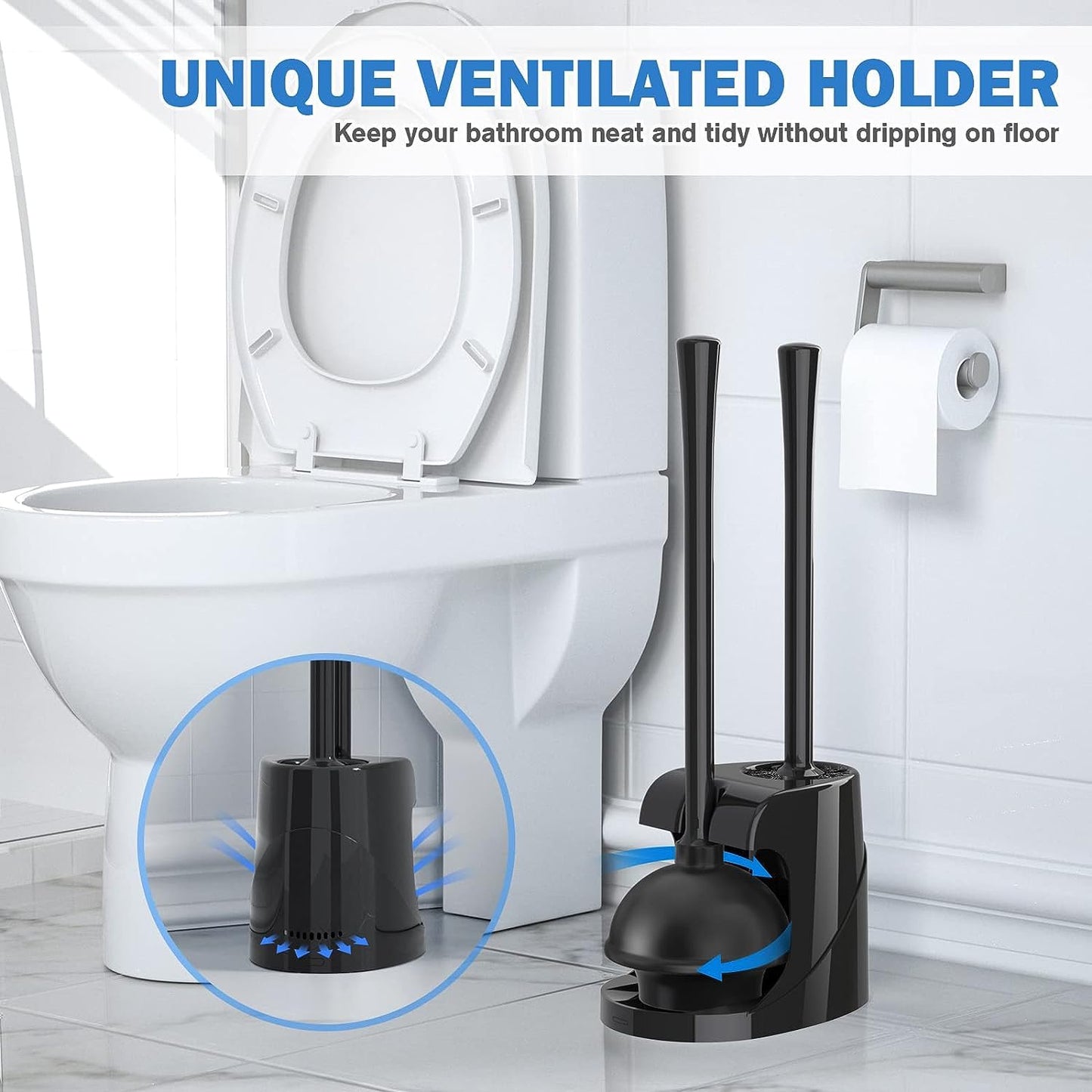 Toilet Plunger and Brush with Holder, Bowl Brush and Heavy Duty Toilet Plunger Set for 5.7-inch Toilet Drain, 2-in-1 Bathroom Cleaning Combo with Modern Caddy Stand (Black) 🍁 All In One Marketplace Canada