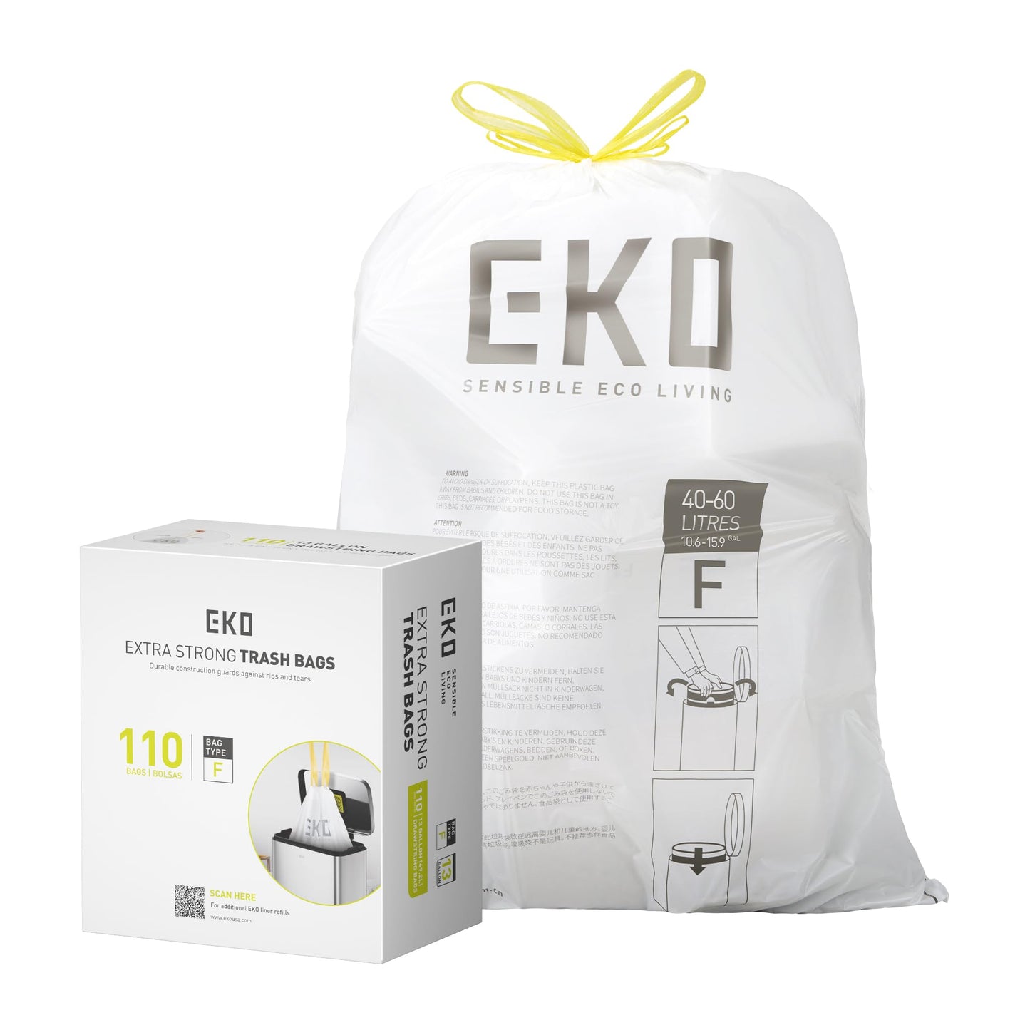 EKO Extra Strong 13 Gallon Large Drawstring Trash Bags, Heavy-Duty Garbage Bags for Kitchen & Household Use (50L), Leak-Resistant, 110 Count, Code F 🍁 All In One Marketplace Canada