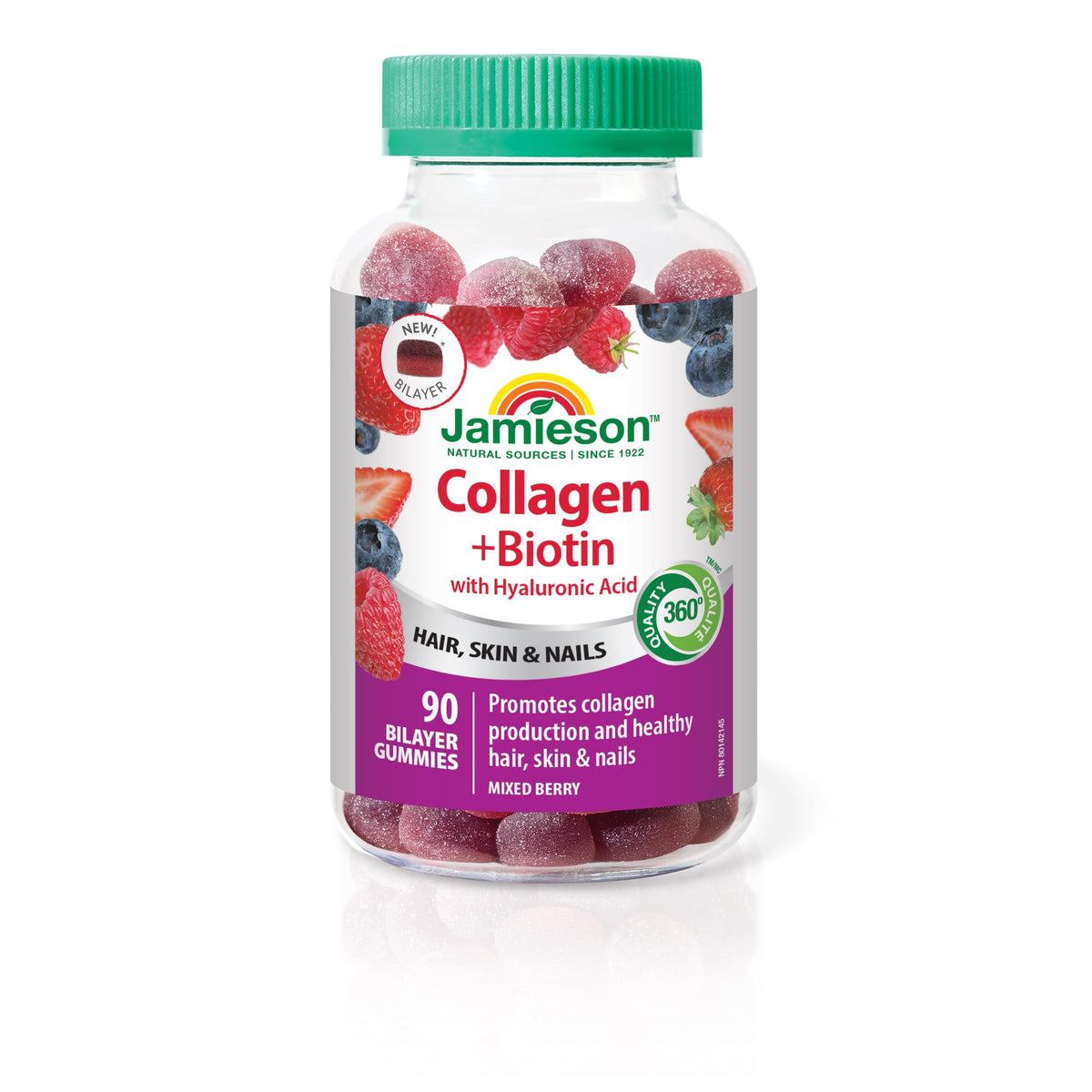 Jamieson Collagen and Biotin Bilayer Gummy with Hyaluronic Acid and Vitamin C, Mixed Berry Flavour, Healthy Hair, Skin & Nails, Supports Collagen Production, Source of Antioxidants, Beauty Gummy, NON-GMO, No Gluten, No Lactose, No Artificial Colours, Flav