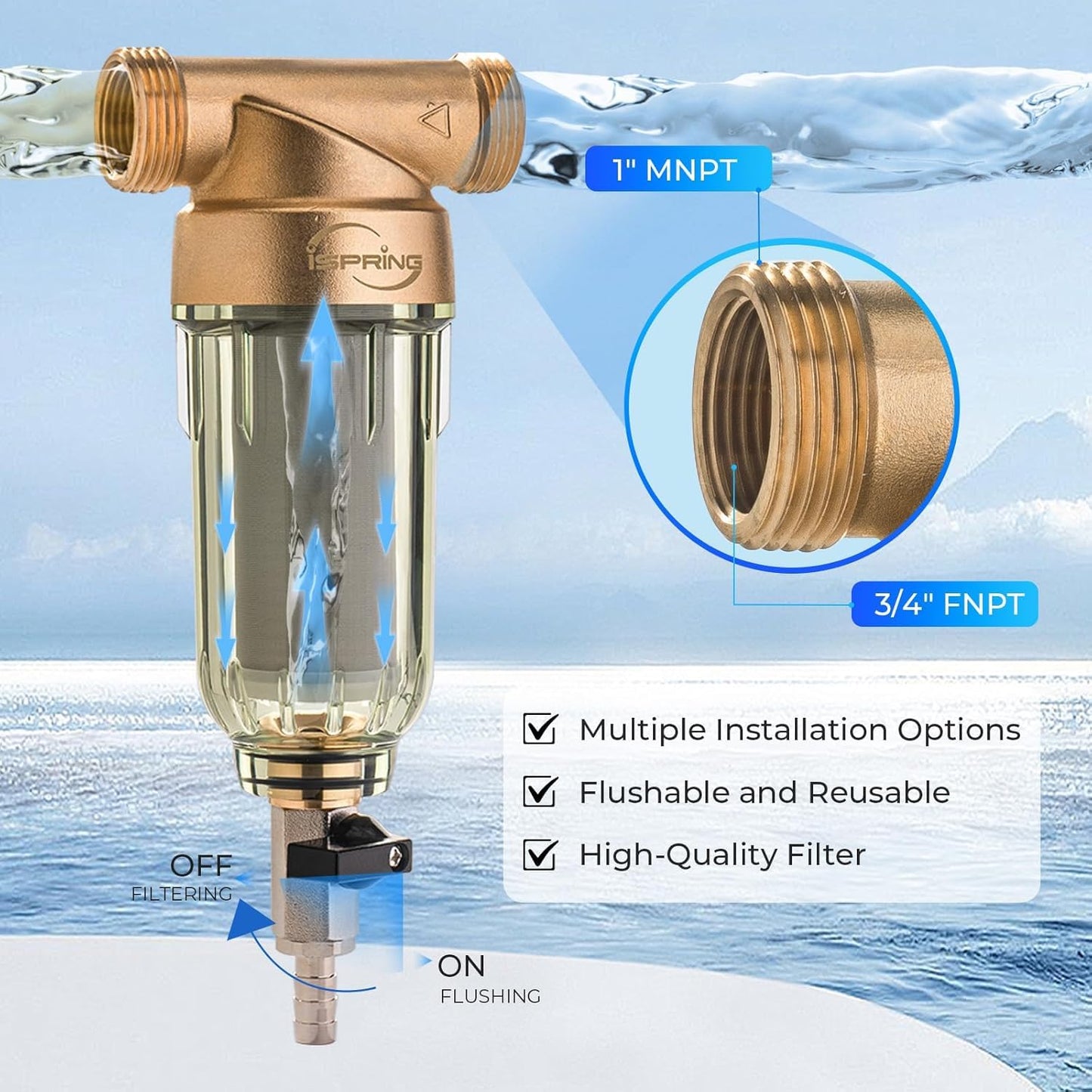iSpring WSP-50 Reusable Whole House Spin Down Sediment Water Filter 50 Micron, 1" MNPT + 3/4" FNPT, Brass, Wrench included 🍁 All In One Marketplace Canada