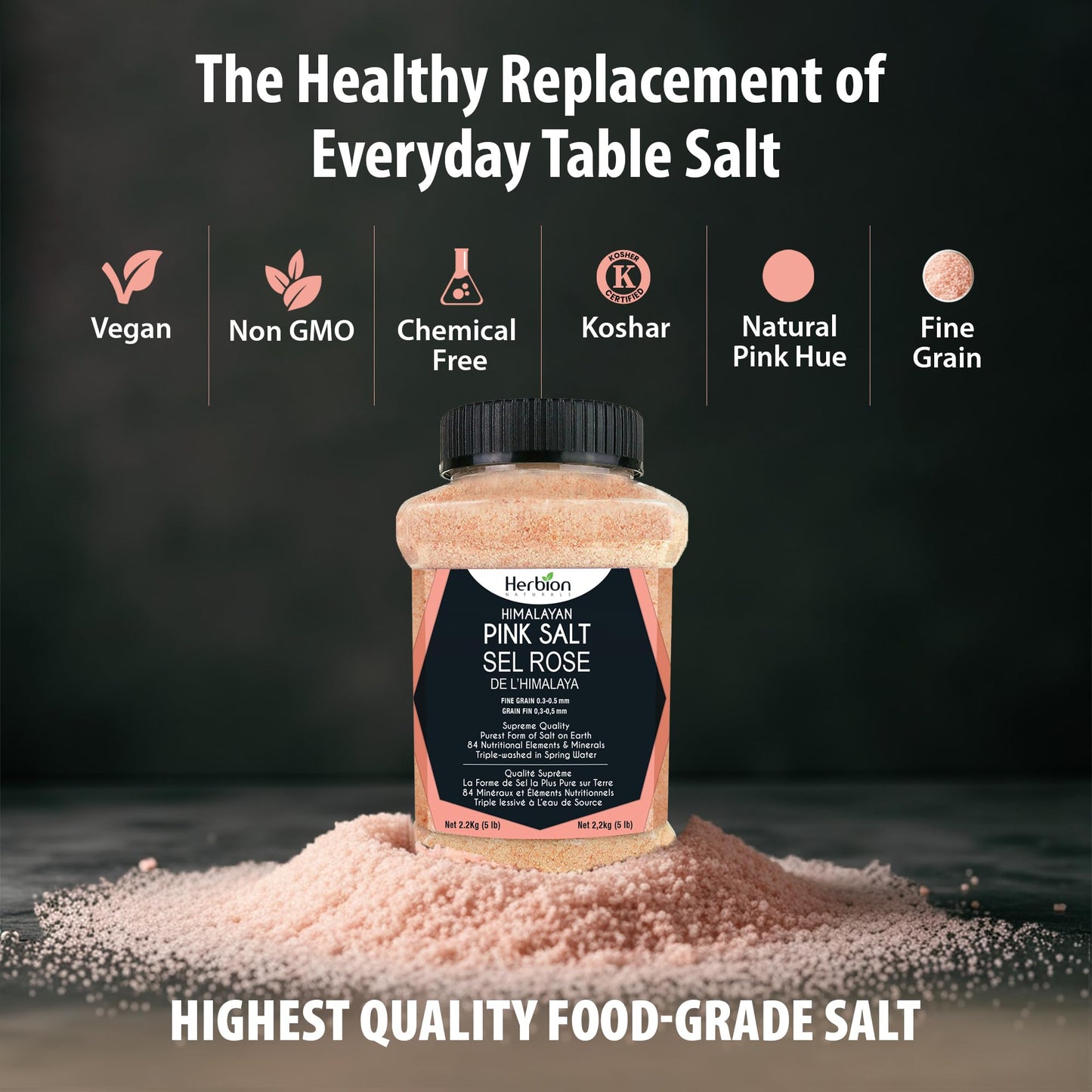 Herbion Naturals Himalayan Pink Salt - Fine Grain - 5 lb. (2.2 Kg) Unbreakable Jar - Kosher Certified - GMO-Free - Vegan - Supreme Quality - Chemical Free 🍁 All In One Marketplace Canada
