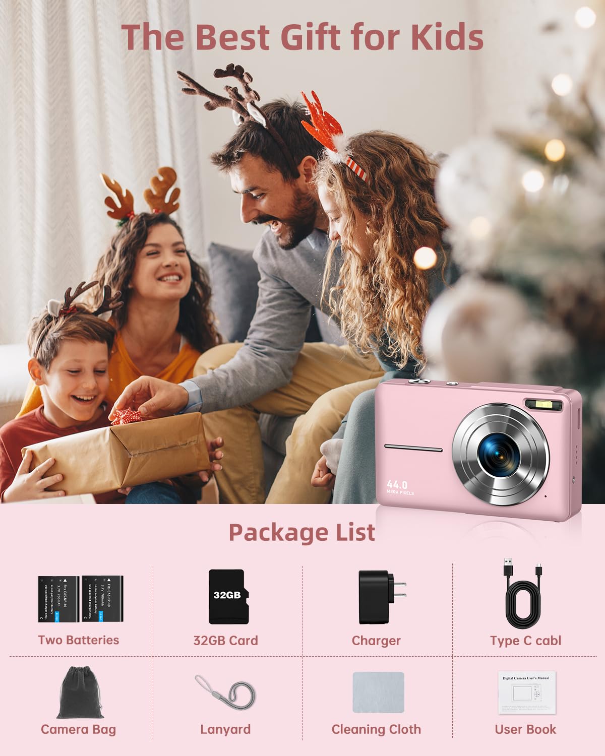CAMKORY Digital Camera, Full HD 1080P Point and Shoot Camera, 44MP Kids Camera with 32GB Card, 16X Zoom, Pink 🍁 All In One Marketplace Canada