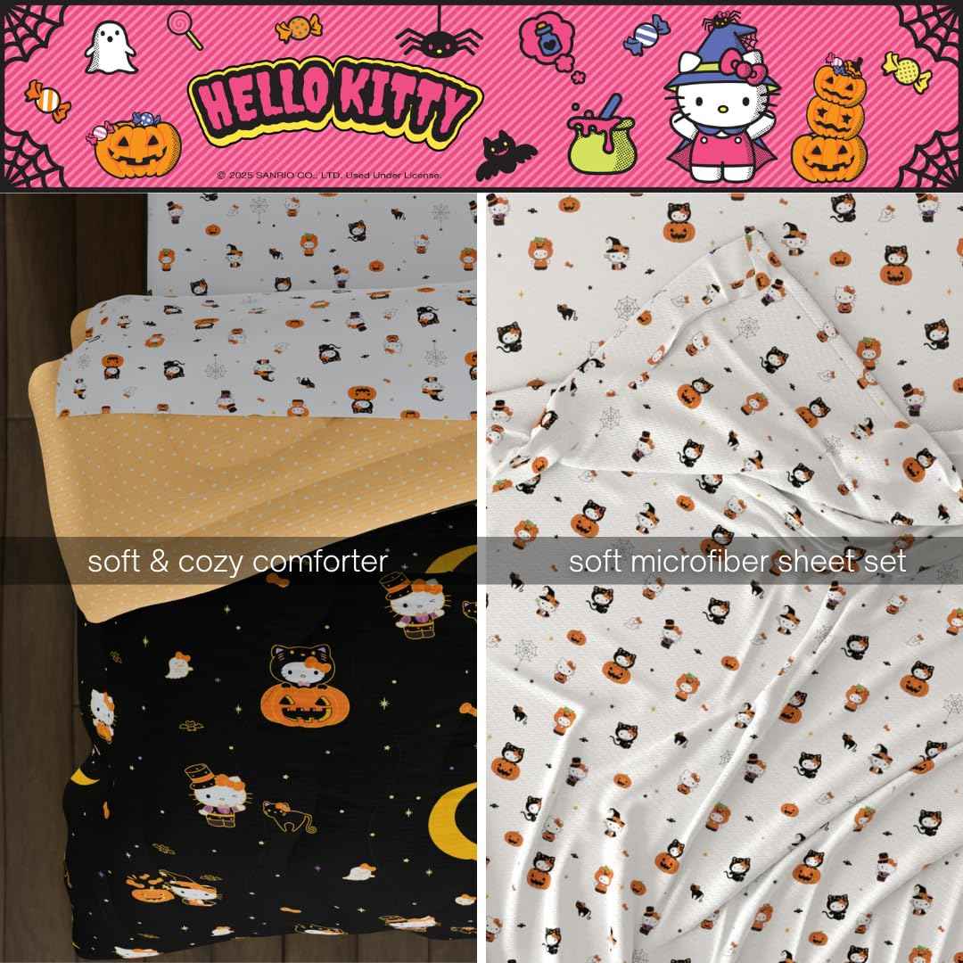 Sanrio Hello Kitty Halloween Pumpkin Twin Bed Set – Super Soft & Cozy 4 Piece Reversible Comforter and Sheet Set (Officially Licensed Product) by Franco