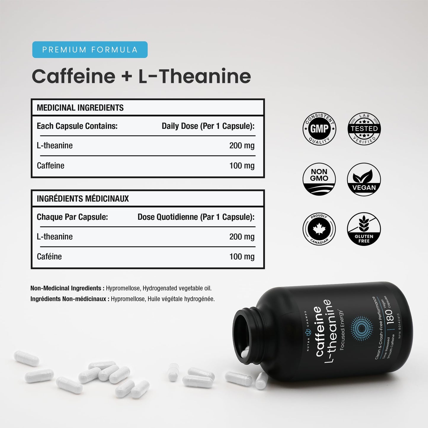 Caffeine Pills with L-Theanine - 180 Energy Pills for Women & Men - Clean & Long-Lasting Focused Energy - Sustained Release 100mg Caffeine + 200mg L Theanine - No Crash Capsules, Vegan Supplement 🍁 All In One Marketplace Canada
