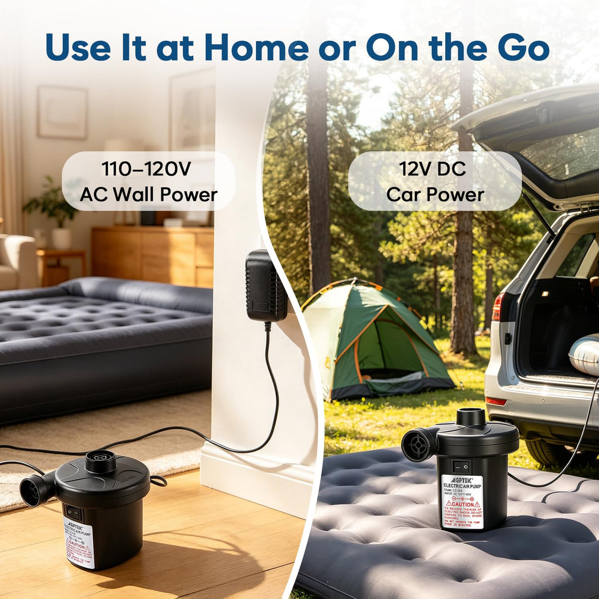 Electric Air Pump, AGPtEK Portable Quick-Fill Air Pump with 3 Nozzles, 4500 Pa 110V AC/12V DC, Perfect Inflator/Deflator Pumps for Outdoor Camping, Inflatable Cushions, Air Mattress Bed, Swimming Ring 🍁 All In One Marketplace Canada