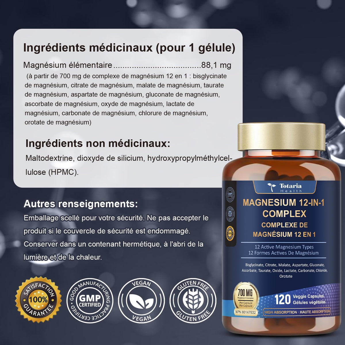 Totaria Magnesium Complex 700mg 12 in 1 Magnesium Supplement with Glycinate Citrate Malate Oxide Taurate Aspartate Orotate Magnesium Relaxation,Muscle,Heart Support, Vegan 120 Capsules 🍁 All In One Marketplace Canada
