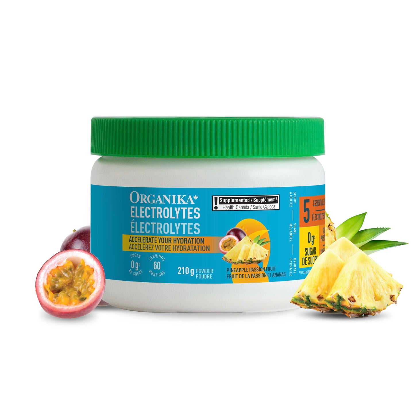 Organika Canadian-Made Electrolytes Powder with Vitamin C & Prebiotic Fibre - Sugar-Free Hydration Drink Mix - Pineapple PassionFruit - 210 g - 60 servings 🍁 All In One Marketplace Canada