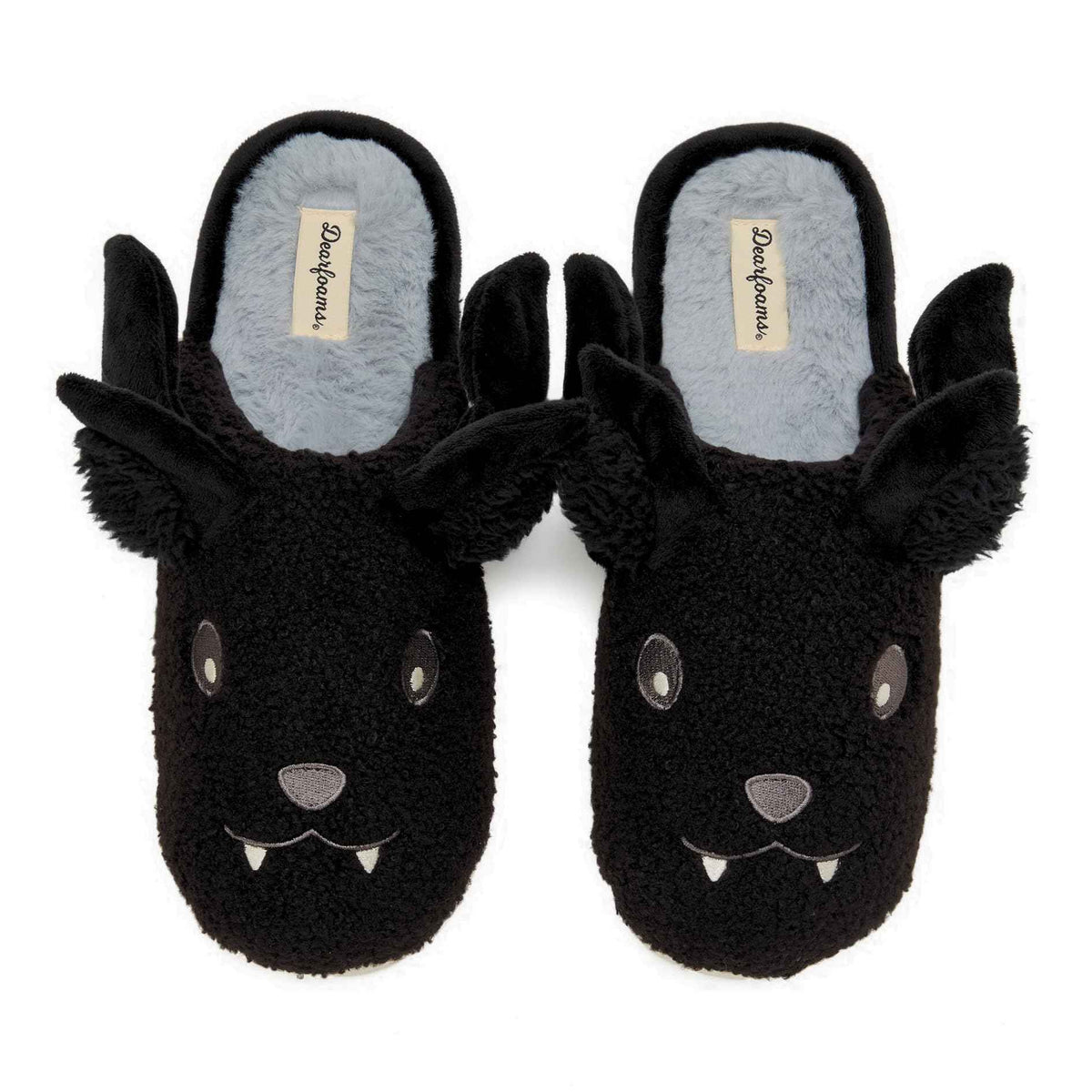 Dearfoams Unisex-Adult Spooky Fuzzy Halloween Pumpkin Jack O Lantern Slipper, Black Bat, 5-6 Women/3-4 Men