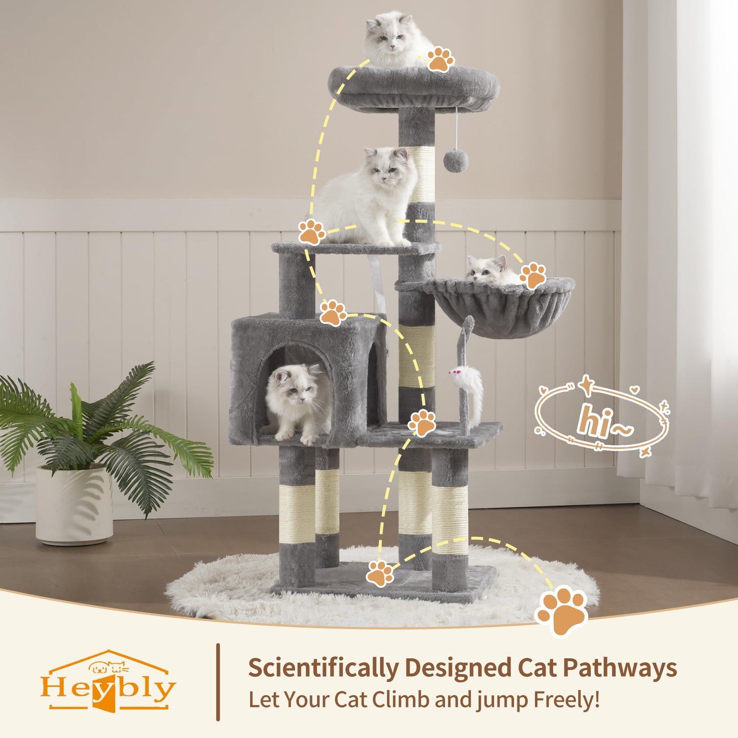 Heybly Cat Tree with Toy, Cat Tower condo for Indoor Cats, Cat House with Padded Plush Perch, Cozy Hammock and Sisal Scratching Posts, Light Gray S HCT004SW 🍁 All In One Marketplace Canada