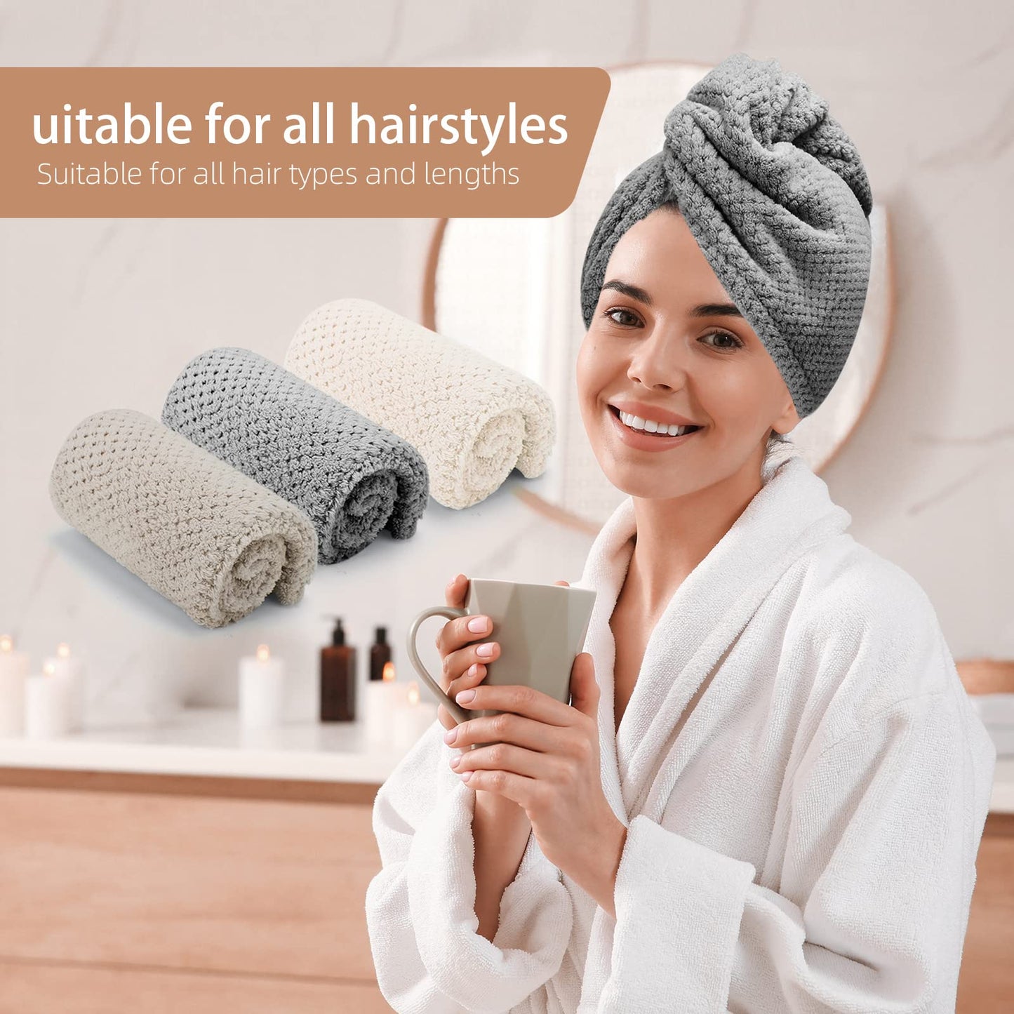 CZZXI 3 PCS Microfiber Hair Towel, Hair Wraps for Women Wet Hair, Fast Drying Hair Turban, Anti Frizz Head Towels Wrap for Curly Hair (Beige, Khaki, Grey) 🍁 All In One Marketplace Canada