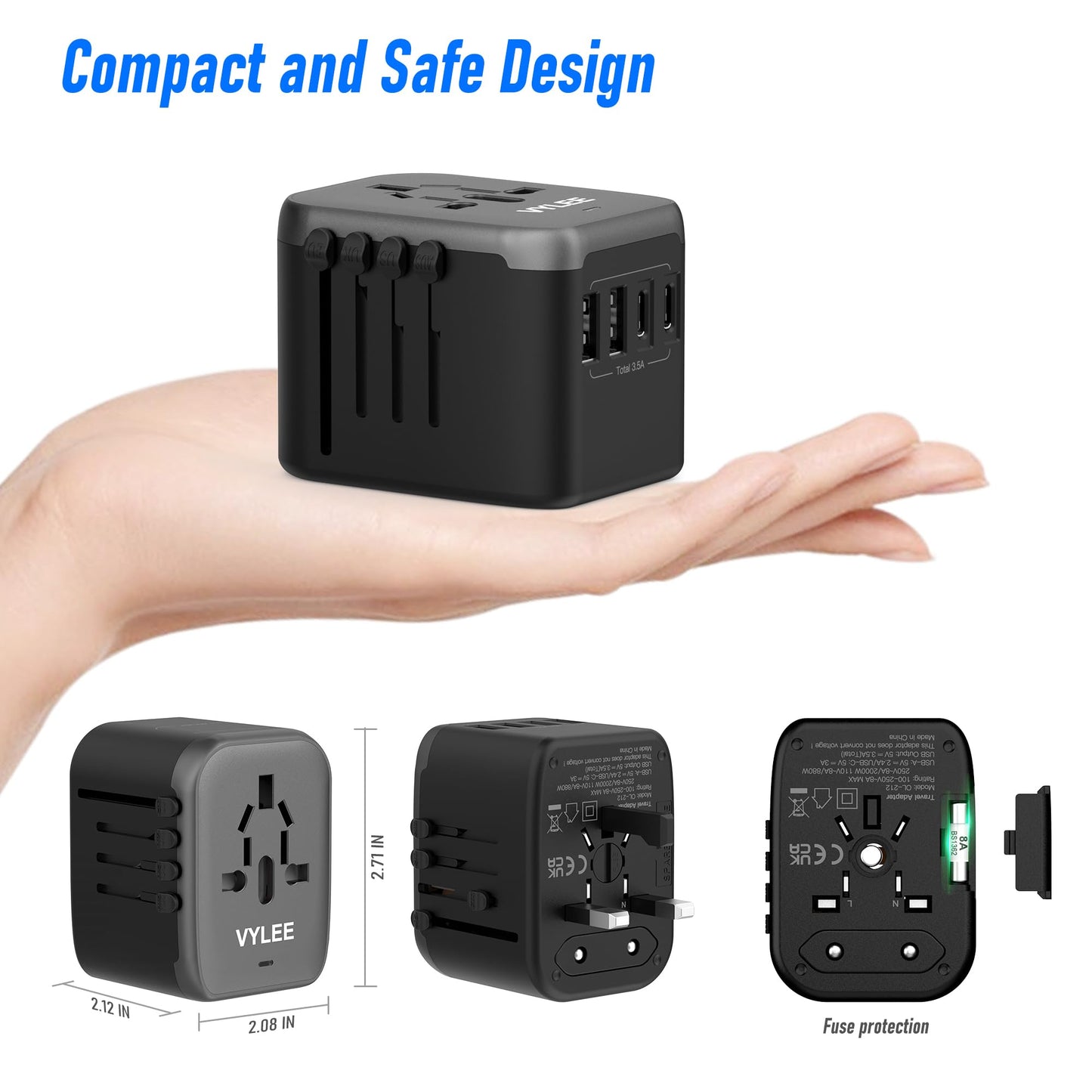 VYLEE Universal International Power Travel Plug Adapter, 5 in 1 European Travel Plug Adapter W/ 3.5A 2xUSB-A and 2xUSB C Wall Charger and Worldwide AC Outlet for Europe USA UK AUS Asia (Black Grey) 🍁 All In One Marketplace Canada