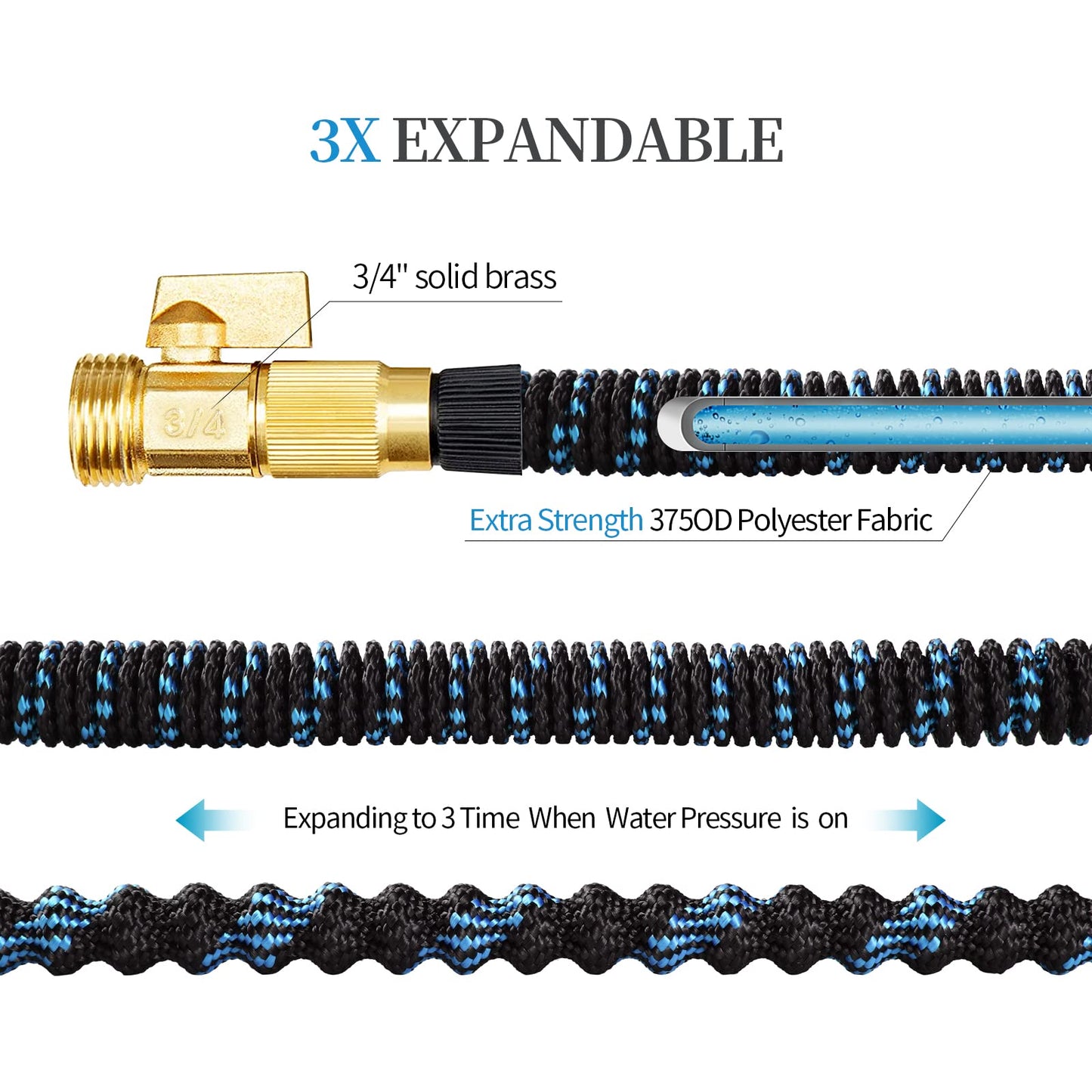 Expandable Garden Hose, Water Hose 100ft with 10 Function Nozzle, Flexible Hose with 3/4" Solid Brass Fittings, Extra Strength Fabric, Easy Storage Kink Free, Black & Blue 🍁 All In One Marketplace Canada