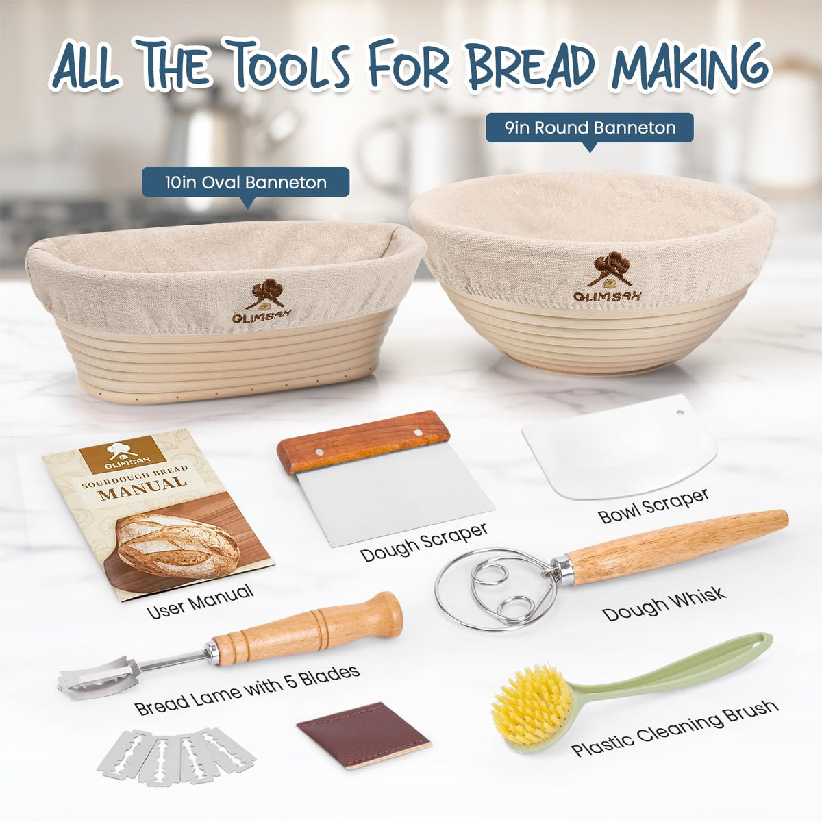 Glimsax Banneton Proofing Basket Set of 2, 9" Round & 10" Oval for Sourdough Baking, Bread Making Accessories and Tools Starter Kit, Gifts for Beginner and Professional Bakers 🍁 All In One Marketplace Canada