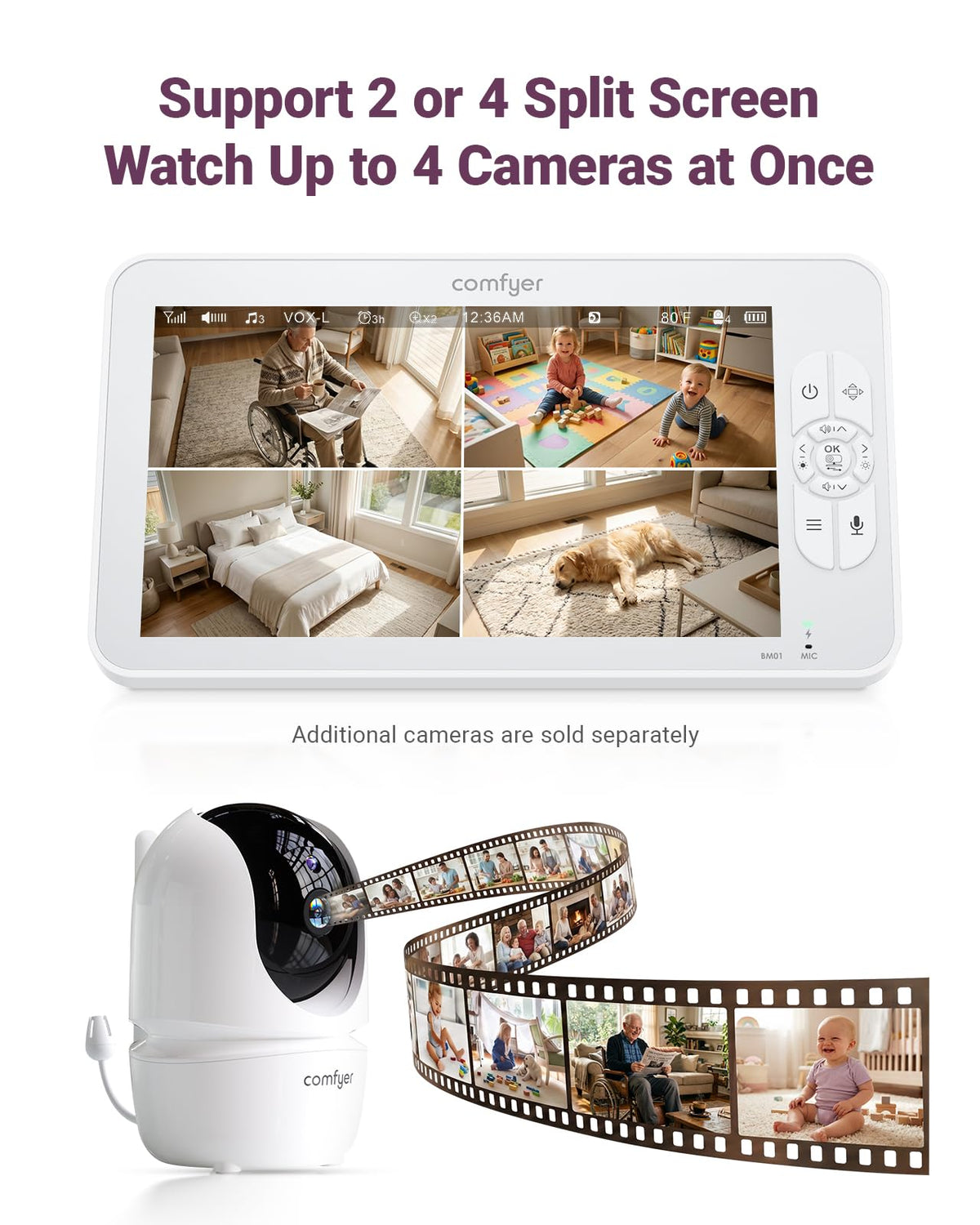 Comfyer BM01 7" HD Split-Screen Baby Monitor with 2 Cameras, Video Baby Monitor with Camera and Audio, Flexible Bracket, Non-WiFi, VOX Mode, 2 Way Audio, Remote PTZ, Auto Night Vision 🍁 All In One Marketplace Canada