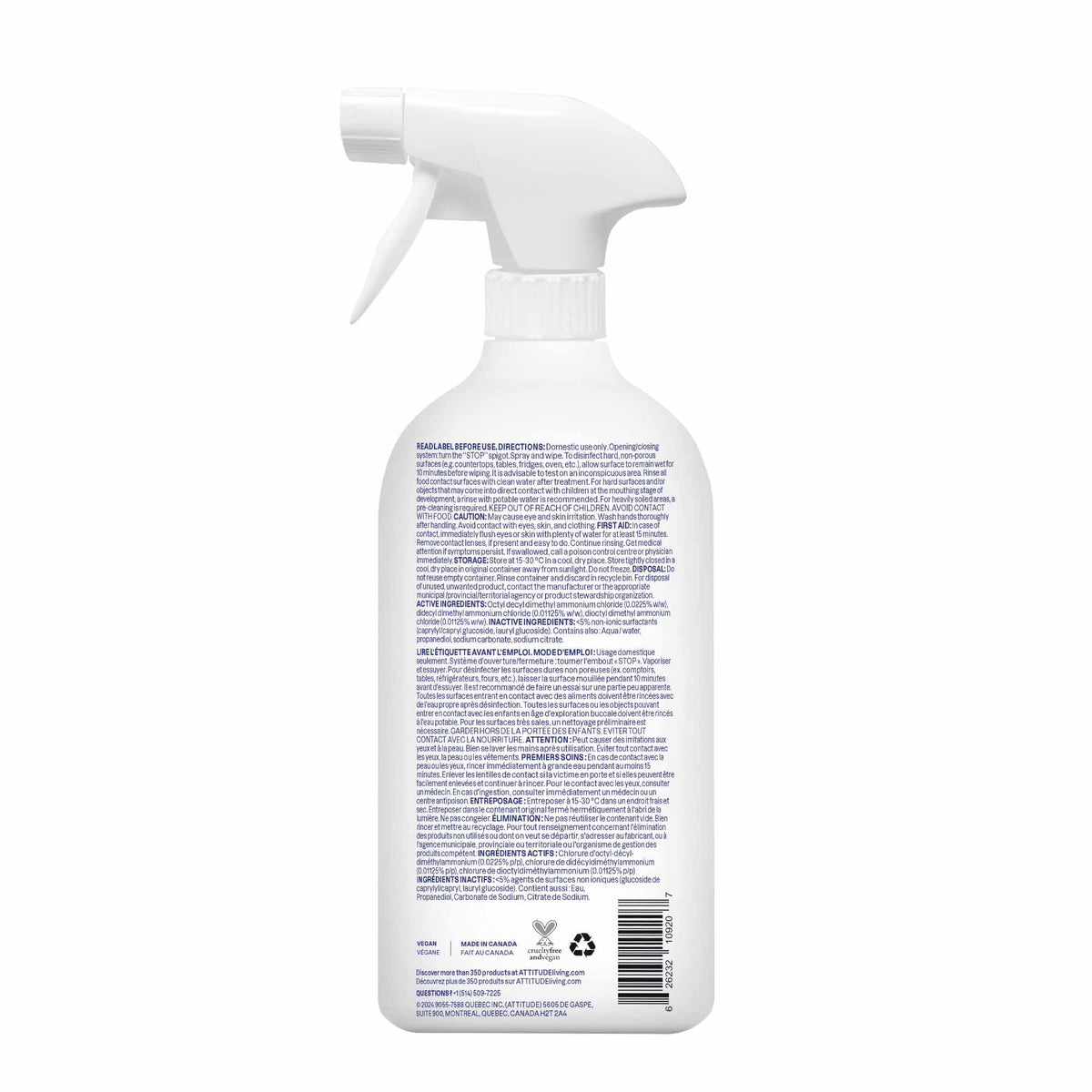 ATTITUDE Disinfectant Spray, All Purpose Cleaner with 99.99% Germ & Virus Elimination, Vegan & Plant-Based, Multi-Surface, Made in Canada, Unscented, 800 mL (Pack of 3) 🍁 All In One Marketplace Canada