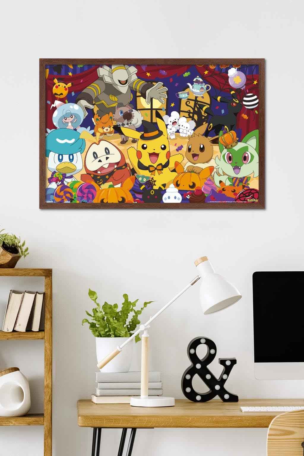 Pokémon: Halloween Party- Group Wall Poster, 34L" x 22.4W", Mahogany Framed Version