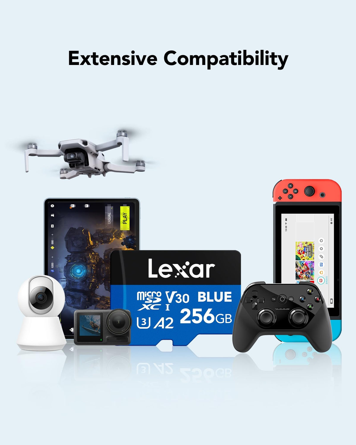 Lexar 256GB Blue Micro SD Card Up to 160MB/s, microSDXC UHS-I Memory Card with SD Adapter, C10, U3, A2, V30, Full HD, 4K UHD, High Speed TF Card 🍁 All In One Marketplace Canada