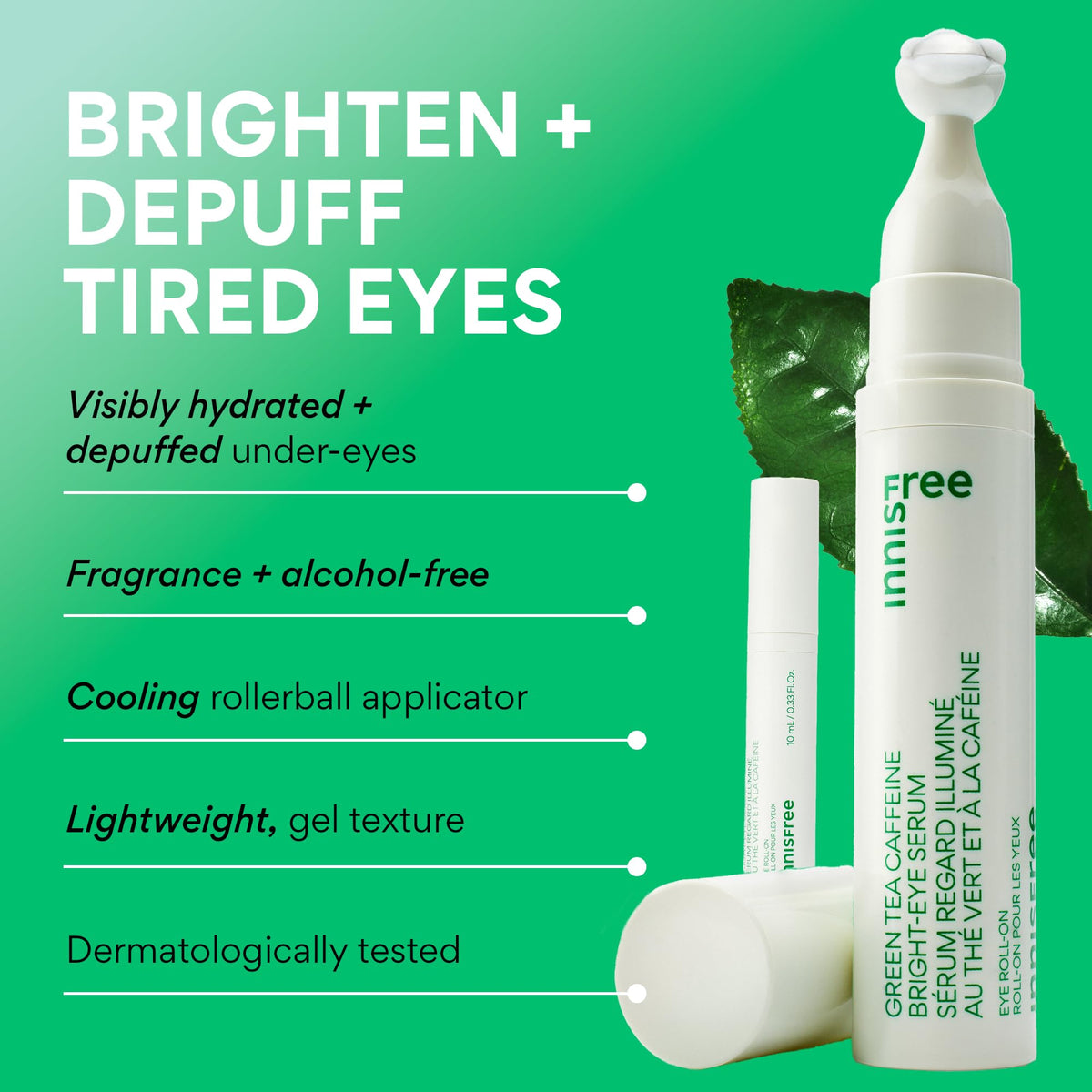 innisfree Green Tea Caffeine Depuffing Eye Serum with Niacinamide, Cooling Korean Eye Roll-On for Hydration and Brightening 🍁 All In One Marketplace Canada