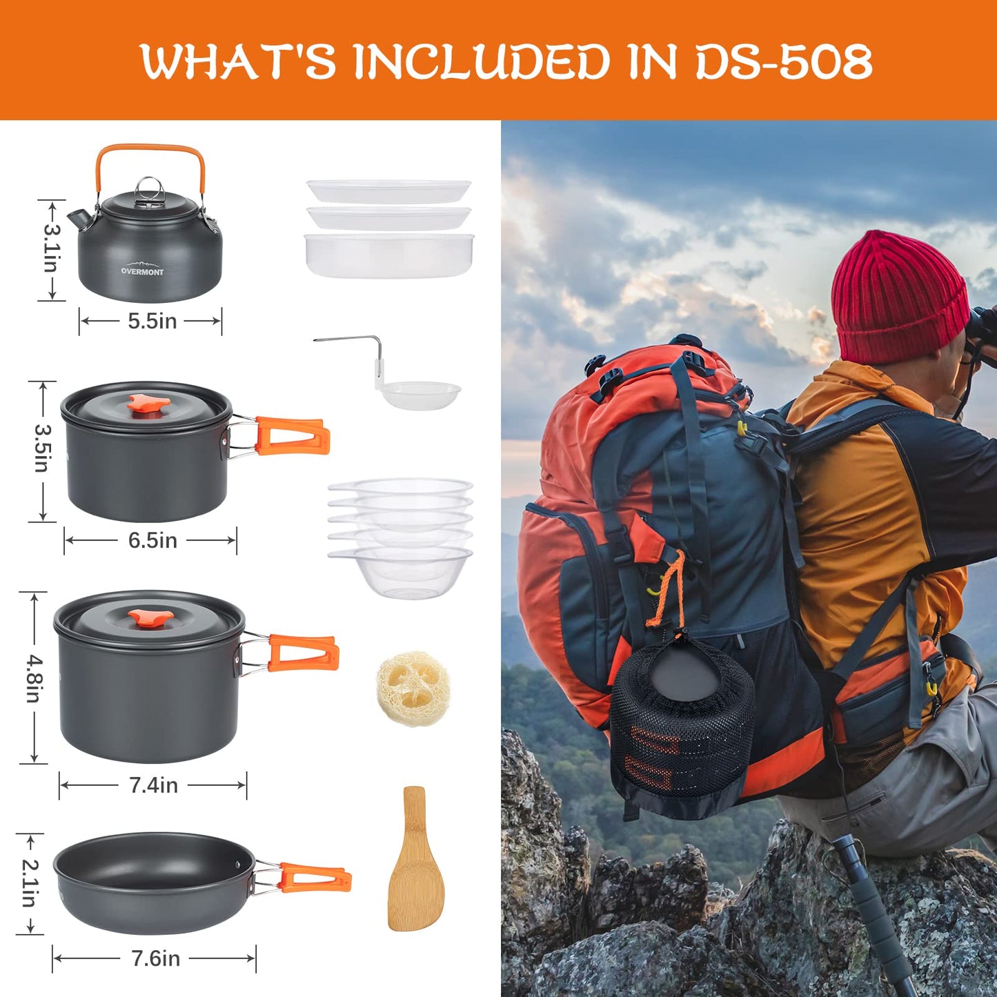 Overmont 16pc Camping Cookware Mess Kit, Portable Camping Cooking Set for Backpacking, Outdoor Hiking and Picnic Pot Pan Kettle Bowl Plate 🍁 All In One Marketplace Canada