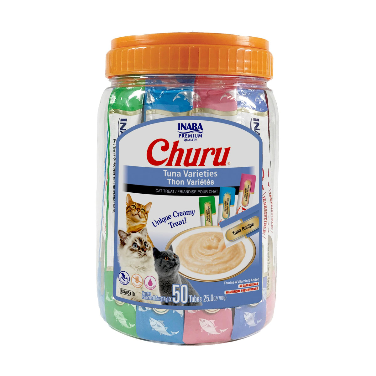 INABA Churu Cat Treats, Grain-Free, Lickable, Squeezable Creamy Purée Cat Treat/Topper with Vitamin E & Taurine, 0.5 Ounces Each Tube - 50 Tubes (Pack of 1) Tuna Variety 🍁 All In One Marketplace Canada