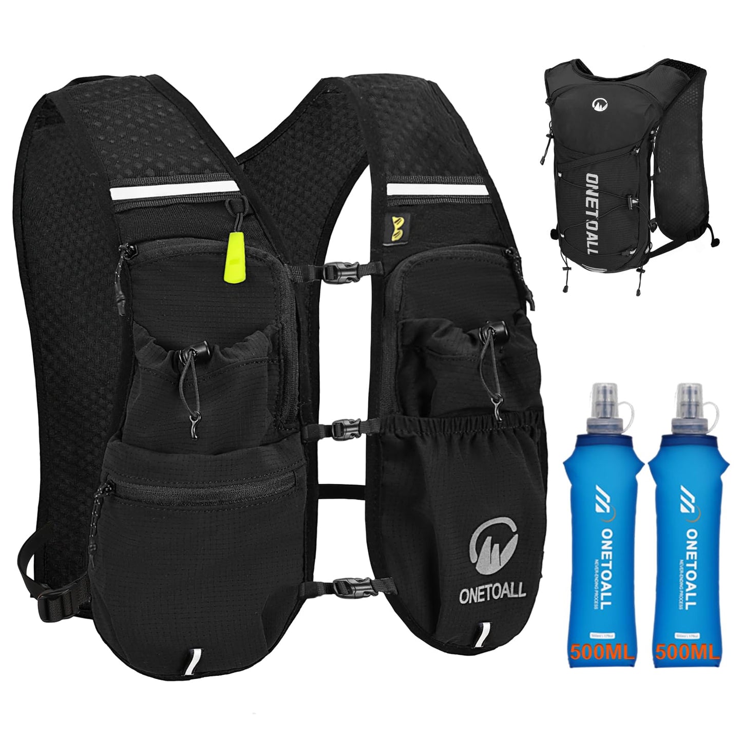 ONETOALL Running Vest for Women & Men, Hydration Backpack 6L - 1x 500ml Flask Included, 16 Reflective Points, Emergency Whistle, Lightweight Breathable for Trail Running, Hiking (Black) 🍁 All In One Marketplace Canada